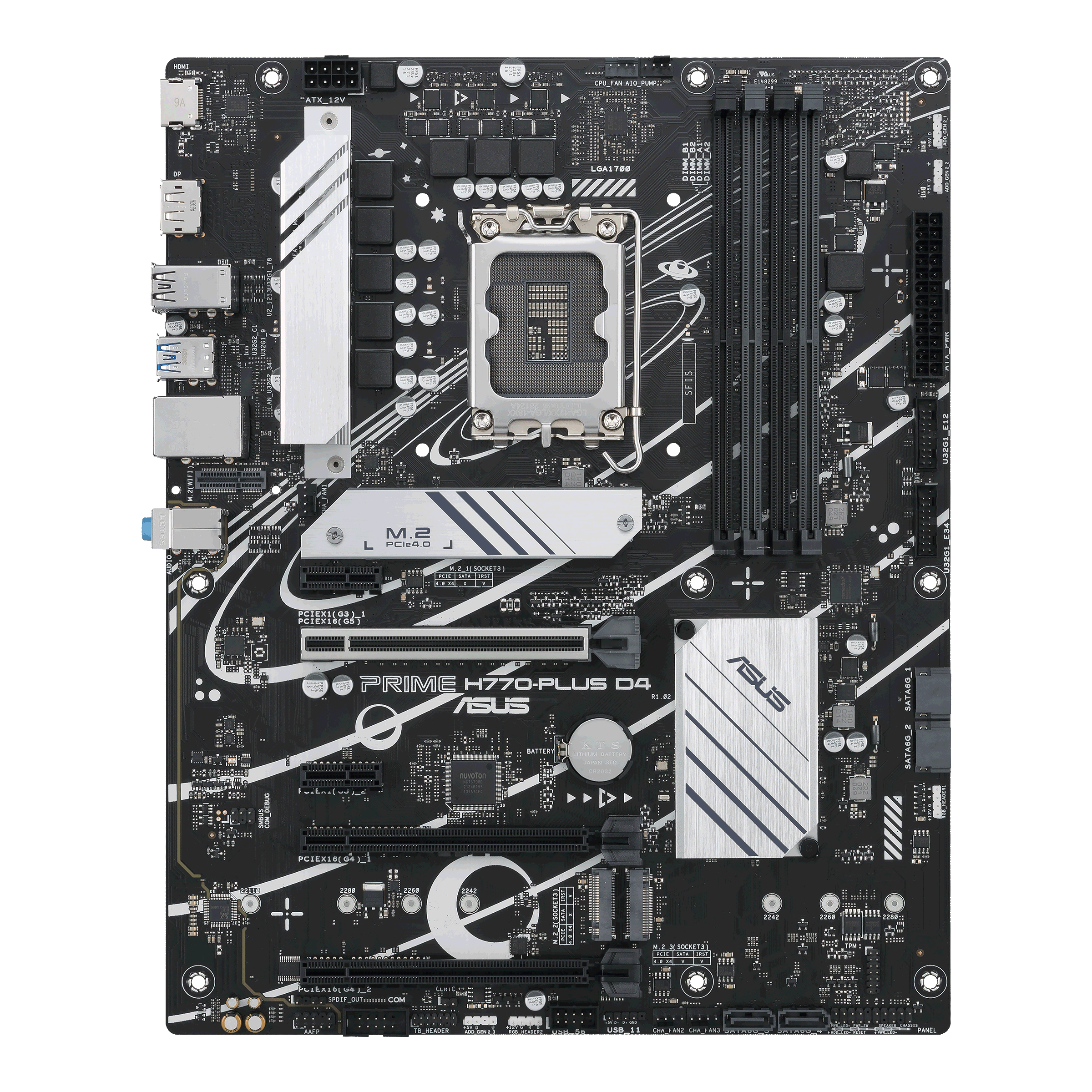 Una scheda madre ASUS Prime H770-PLUS D4 nera con vari connettori, slot e il logo ASUS.