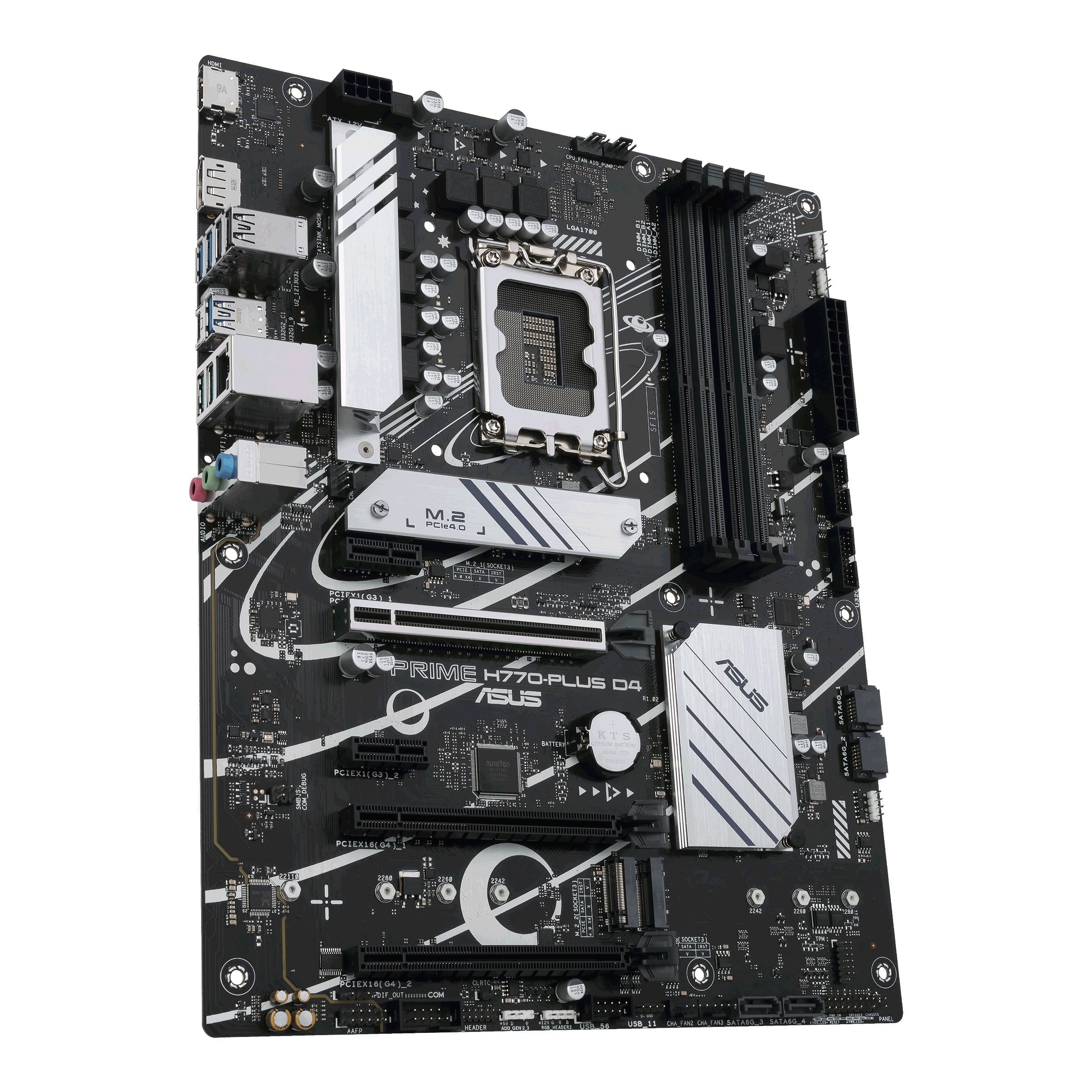 Scheda madre nera ASUS Prime H770-PLUS D4. Ha varie porte, slot e componenti su un circuito stampato nero.