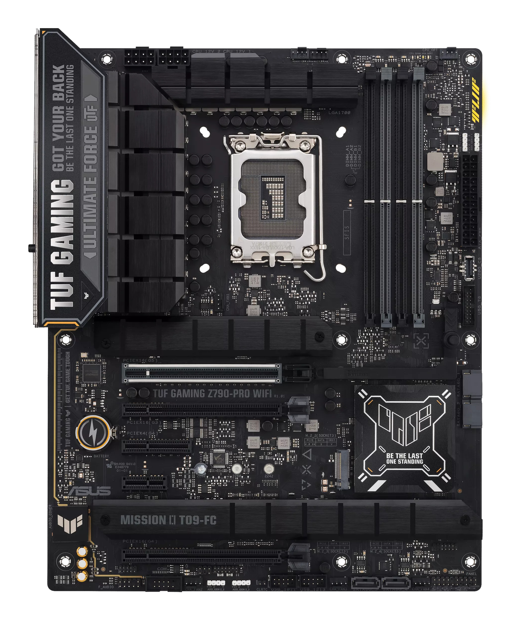 Scheda madre nera con componenti, testo 'TUF Gaming' e loghi. Presenta slot, porte e un socket CPU.