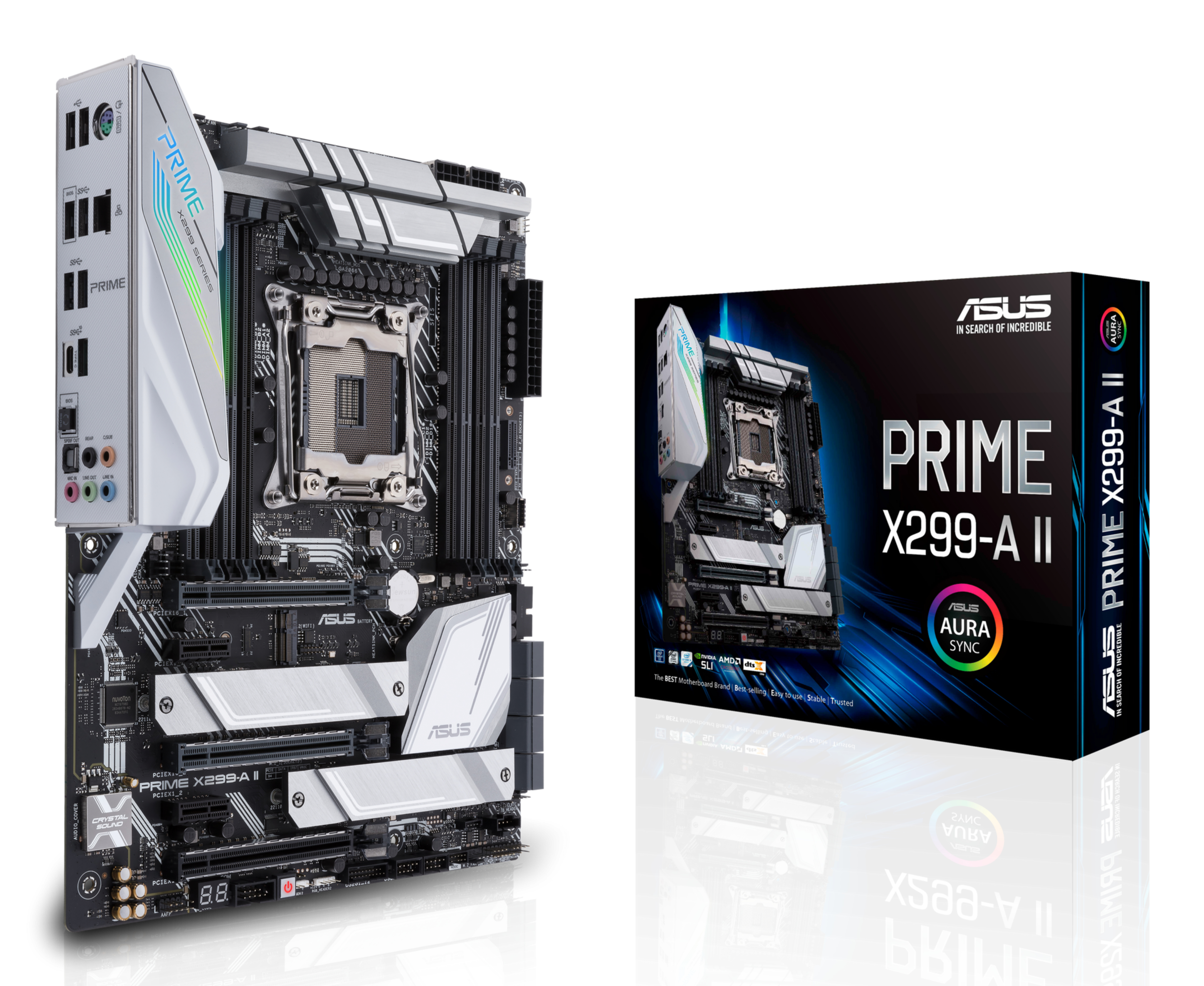Zdjęcie płyty głównej ASUS Prime X299-A II i jej pudełka na białym tle.