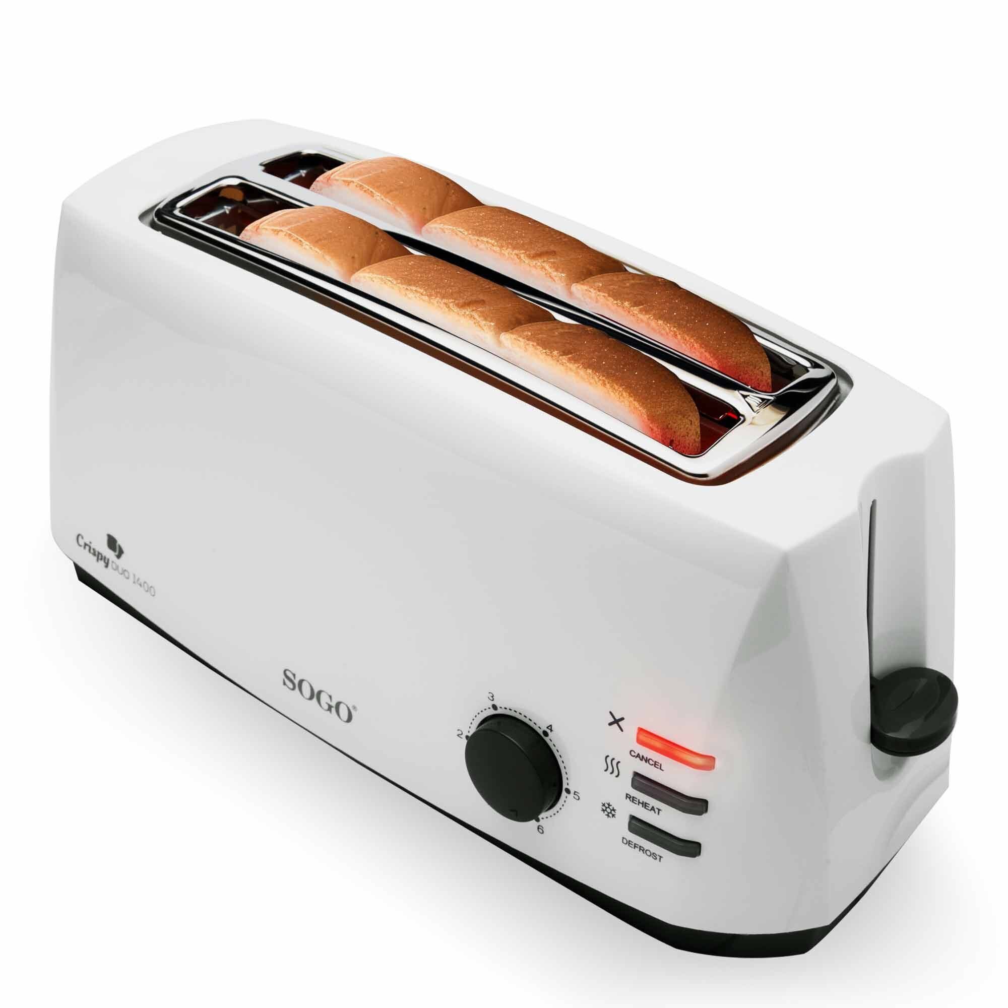 Una tostadora SOGO blanca con pan tostado dentro. Tiene un dial y botones para diferentes configuraciones, incluyendo cancelar y descongelar.