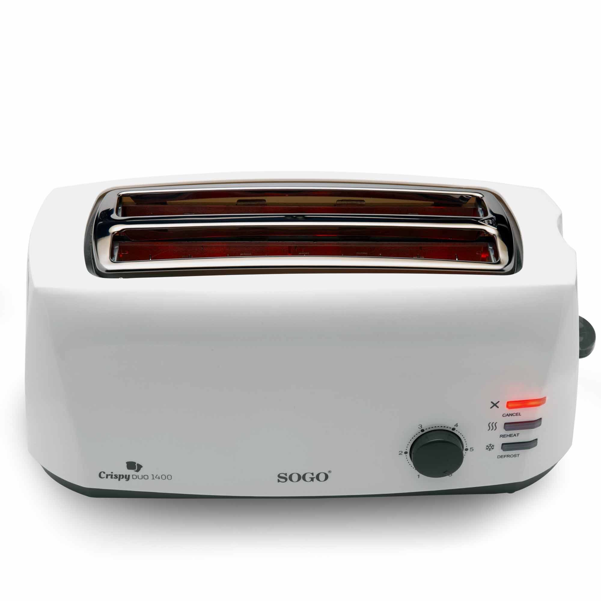 Una tostadora SOGO blanca, 'Crispy Duo 1400'. Tiene un dial, botones y ranuras para pan. La luz de cancelar está encendida.
