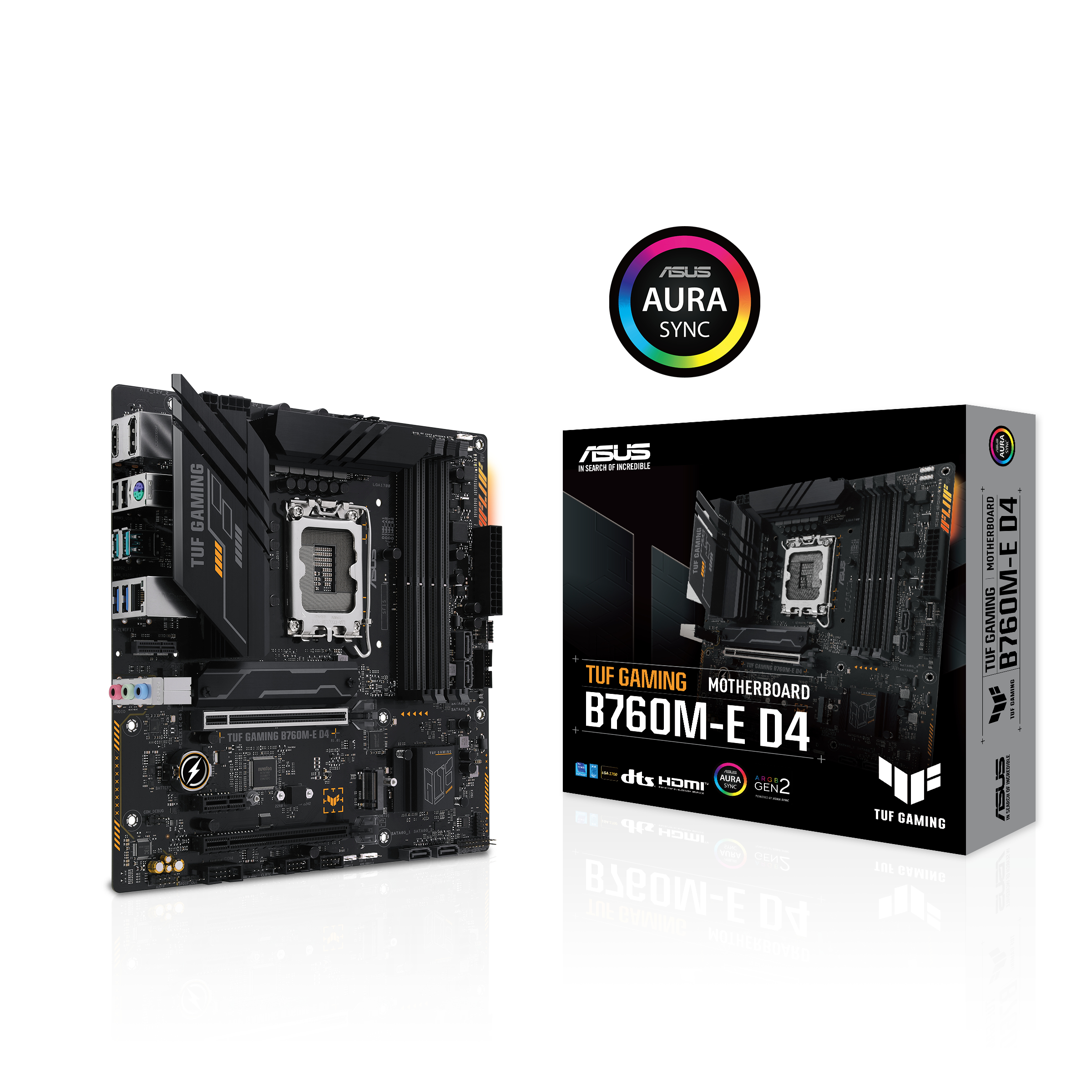 Una scheda madre con scatola su bianco. La scheda è nera con dettagli dorati. La scatola dice TUF GAMING B760M-E D4.