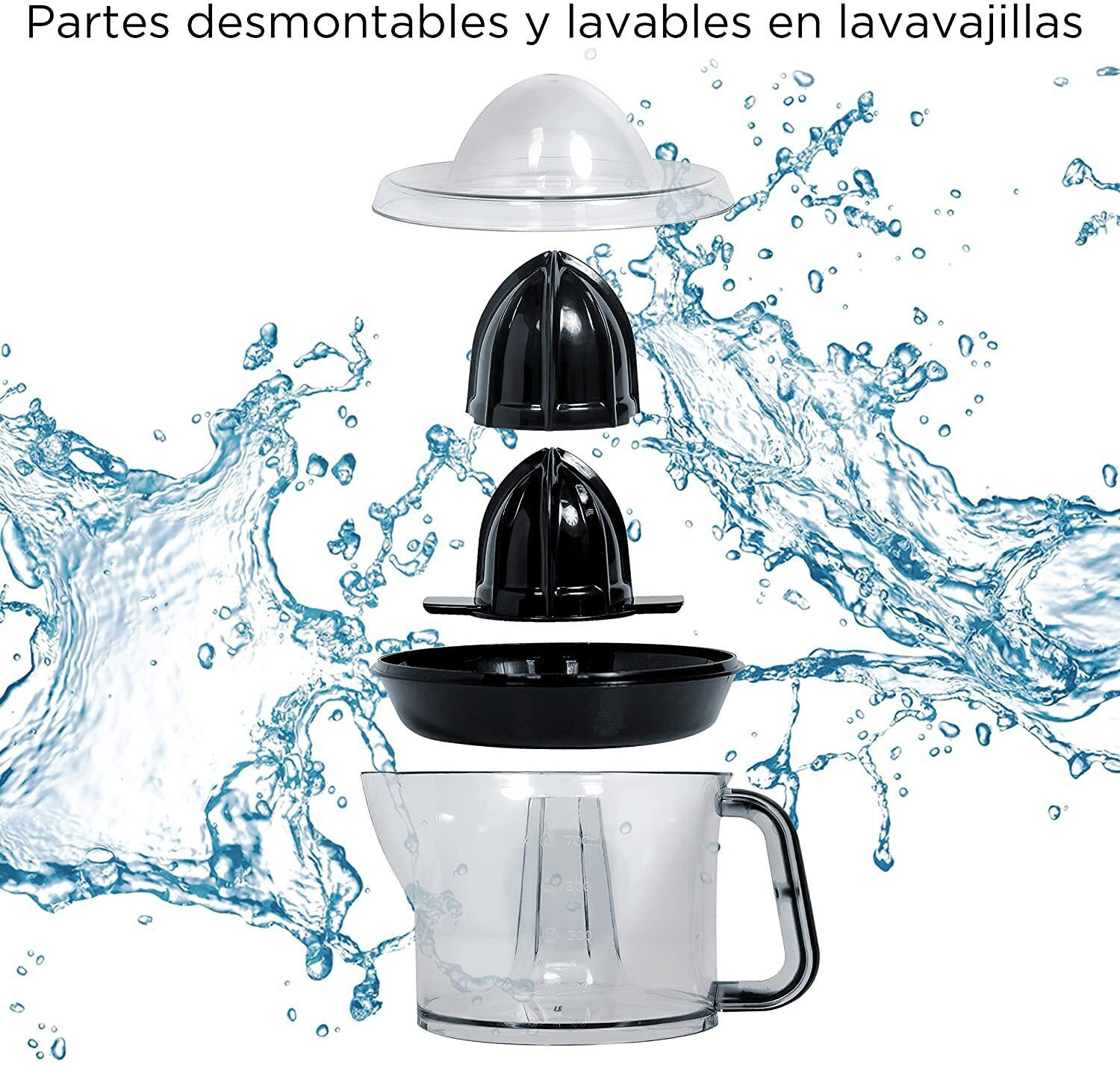 Vista explosionada de un exprimidor con partes desmontables sobre salpicaduras de agua. Componentes de plástico negro y transparente.