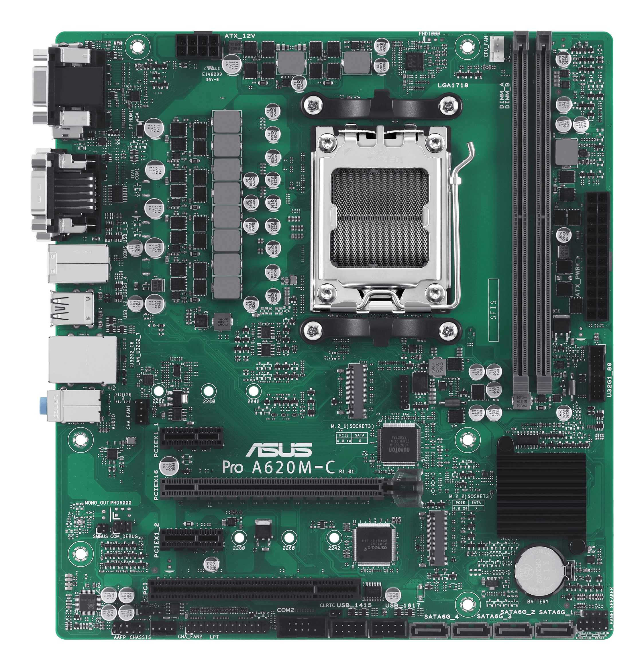 Çeşitli bileşenlere sahip yeşil anakart, çipler, konektörler ve ASUS Pro A620M-C logosu.
