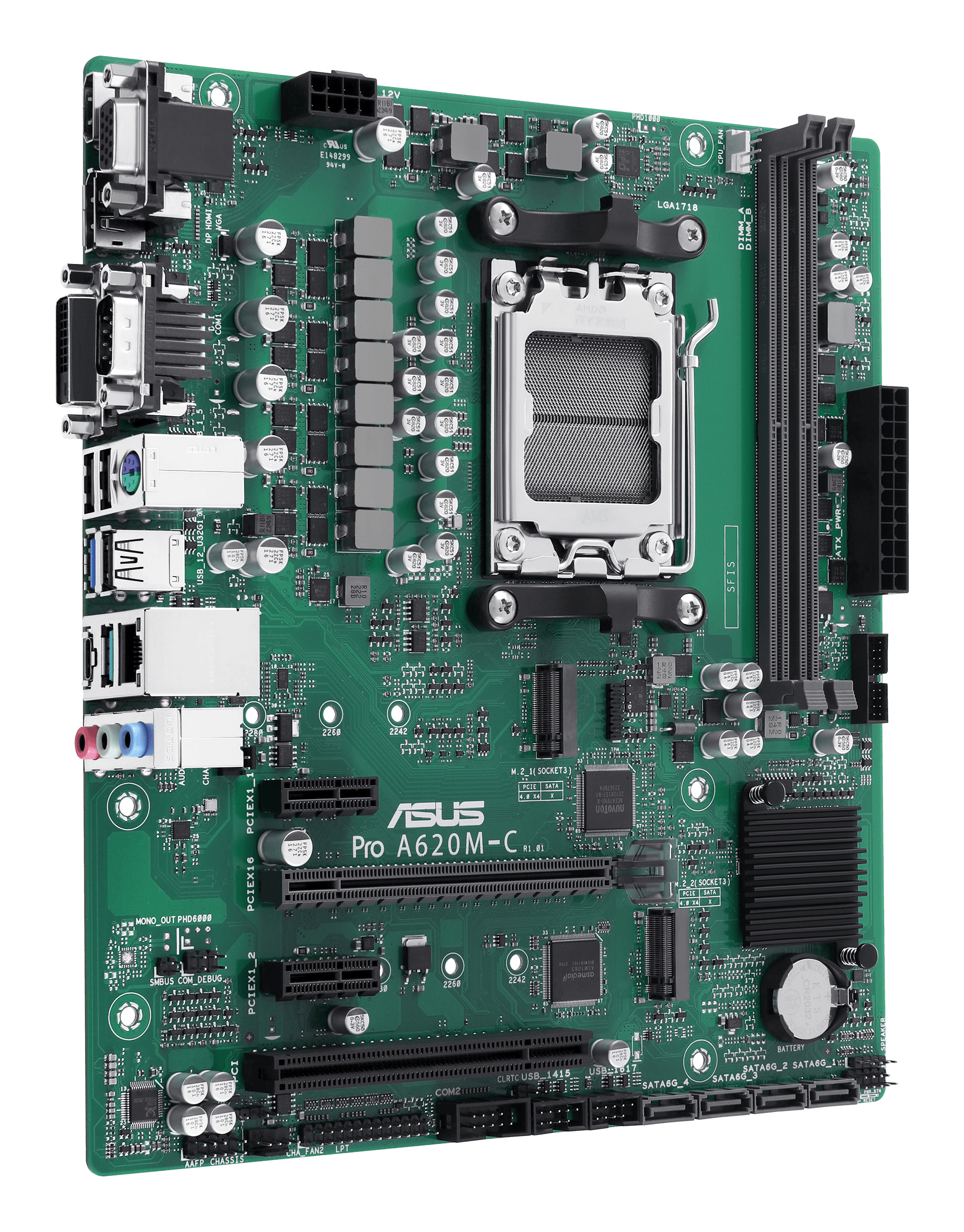 Çeşitli bileşenler, konektörler ve yuvalara sahip yeşil anakart. ASUS Pro A620M-C görülebilir.