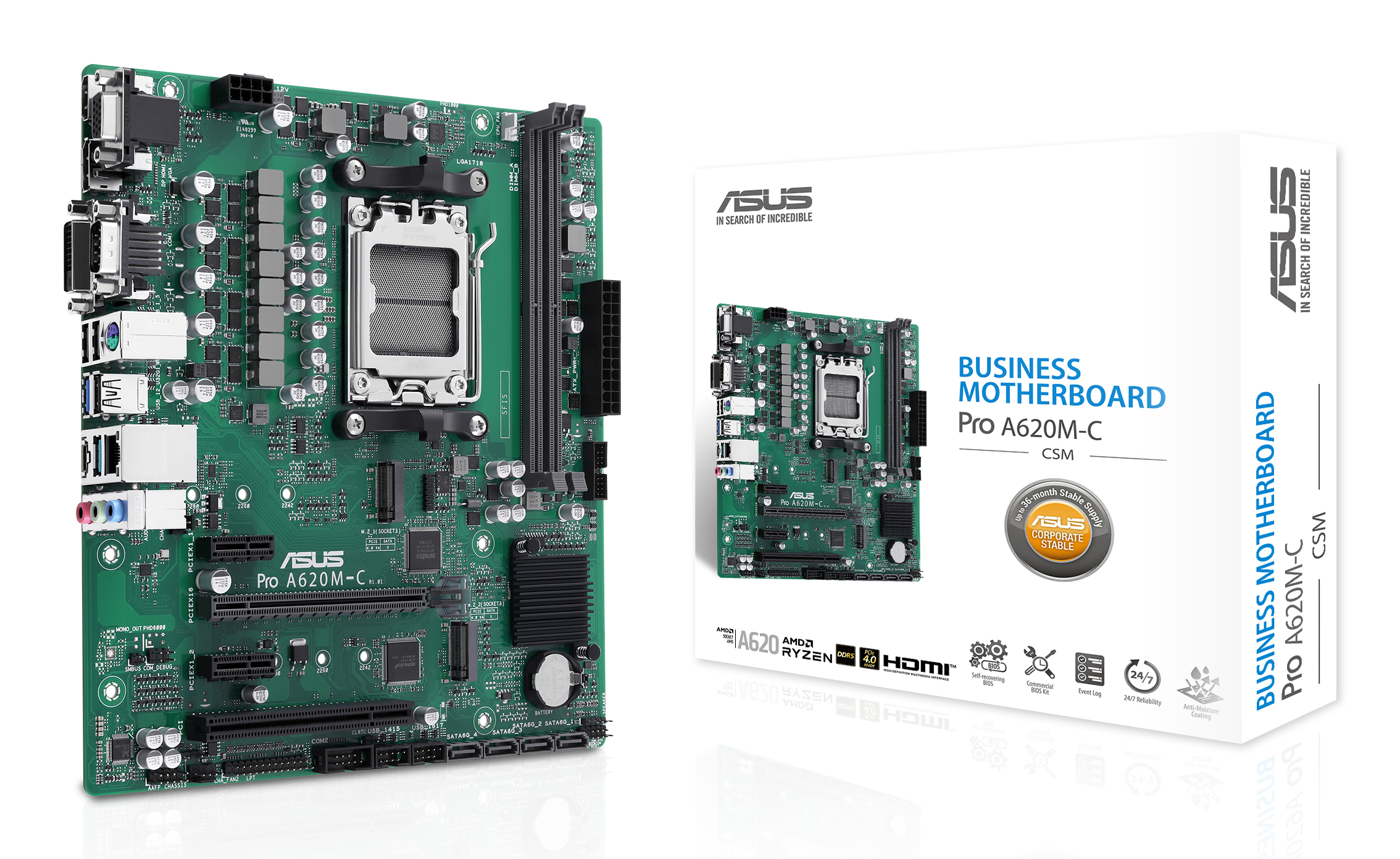 Yeşil bir ASUS Pro A620M-C anakart ve kutusu, ürün detayları ve logolarıyla birlikte sergileniyor.