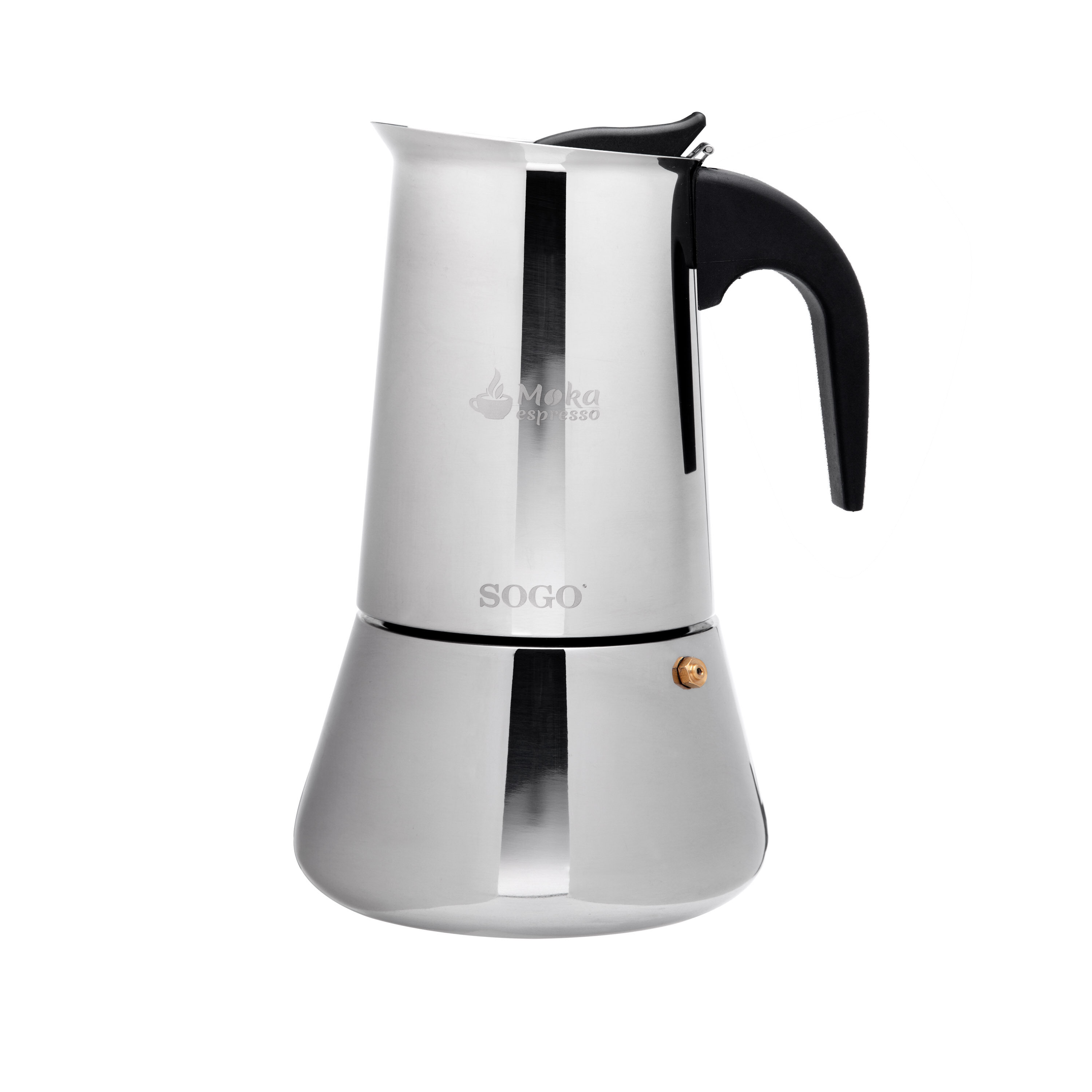 Una cafetera Moka de acero inoxidable. Tiene un asa negra y un logotipo que dice Moka espresso y SOGO.