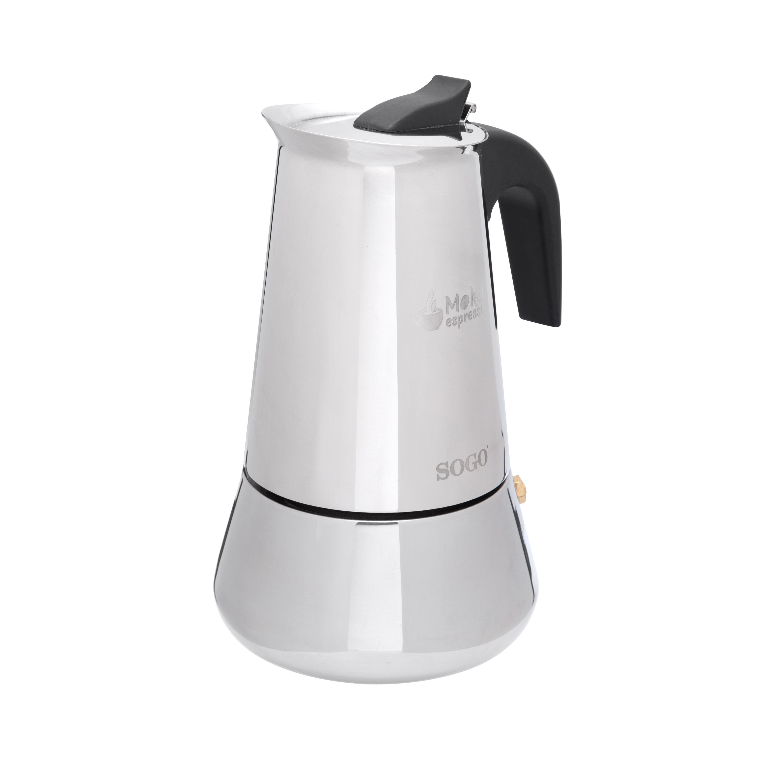 Una cafetera Moka de acero inoxidable. Tiene un asa y una tapa negras, con los logotipos de Sogo y Moka espresso.