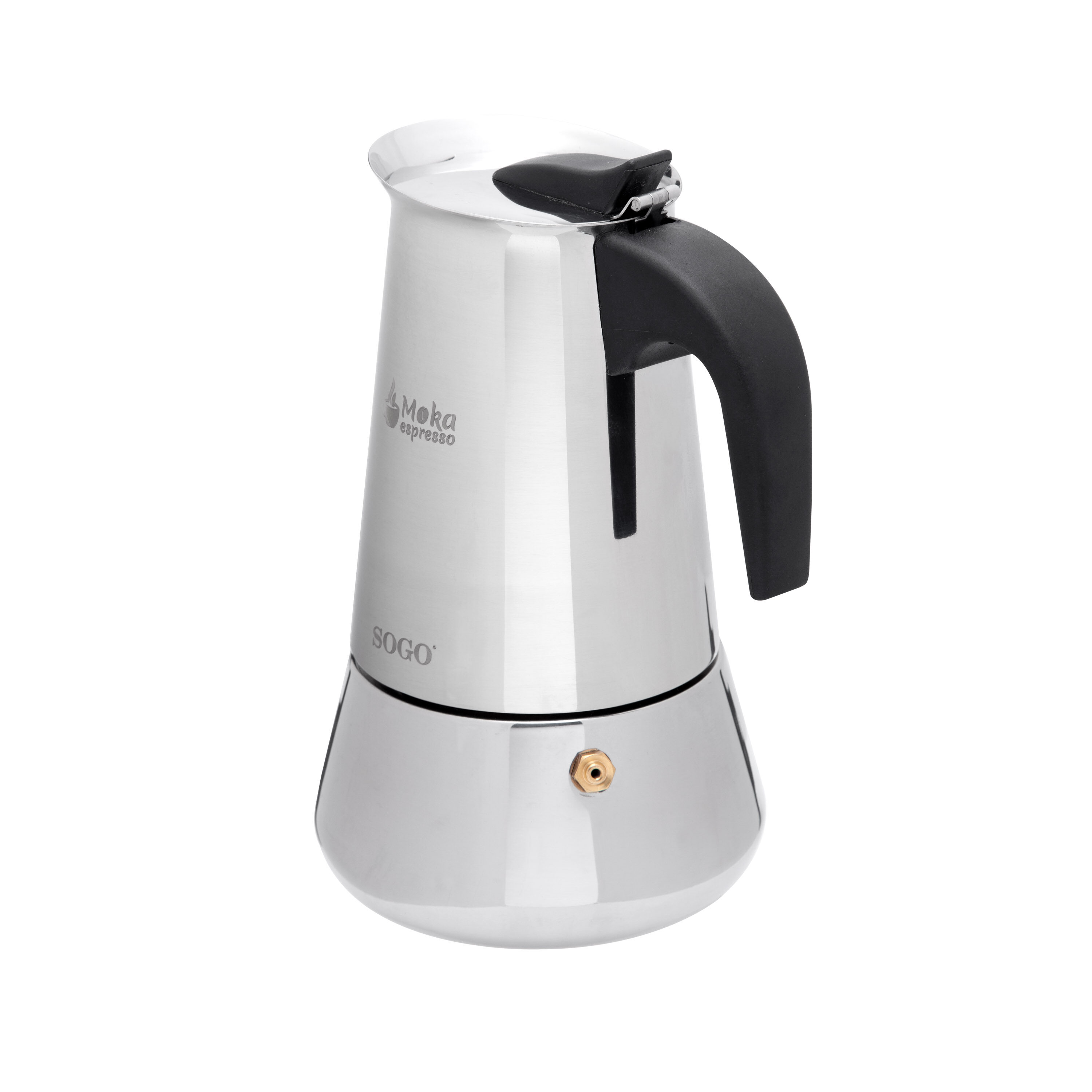Una cafetera Moka de acero inoxidable con asa negra sobre fondo blanco.