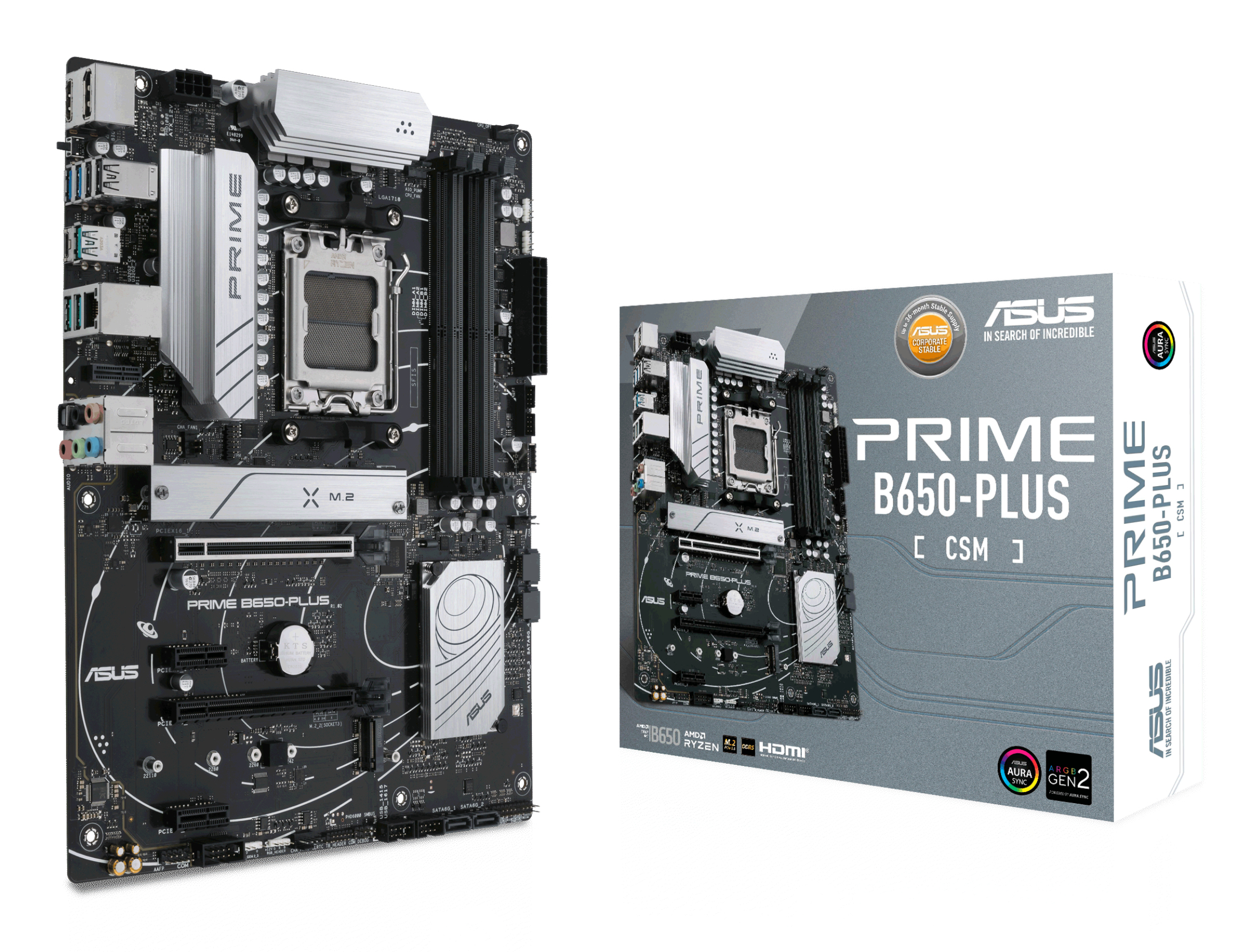 Een zwart ASUS Prime B650-Plus moederbord en de doos, met tekst en logo's, op een witte achtergrond.