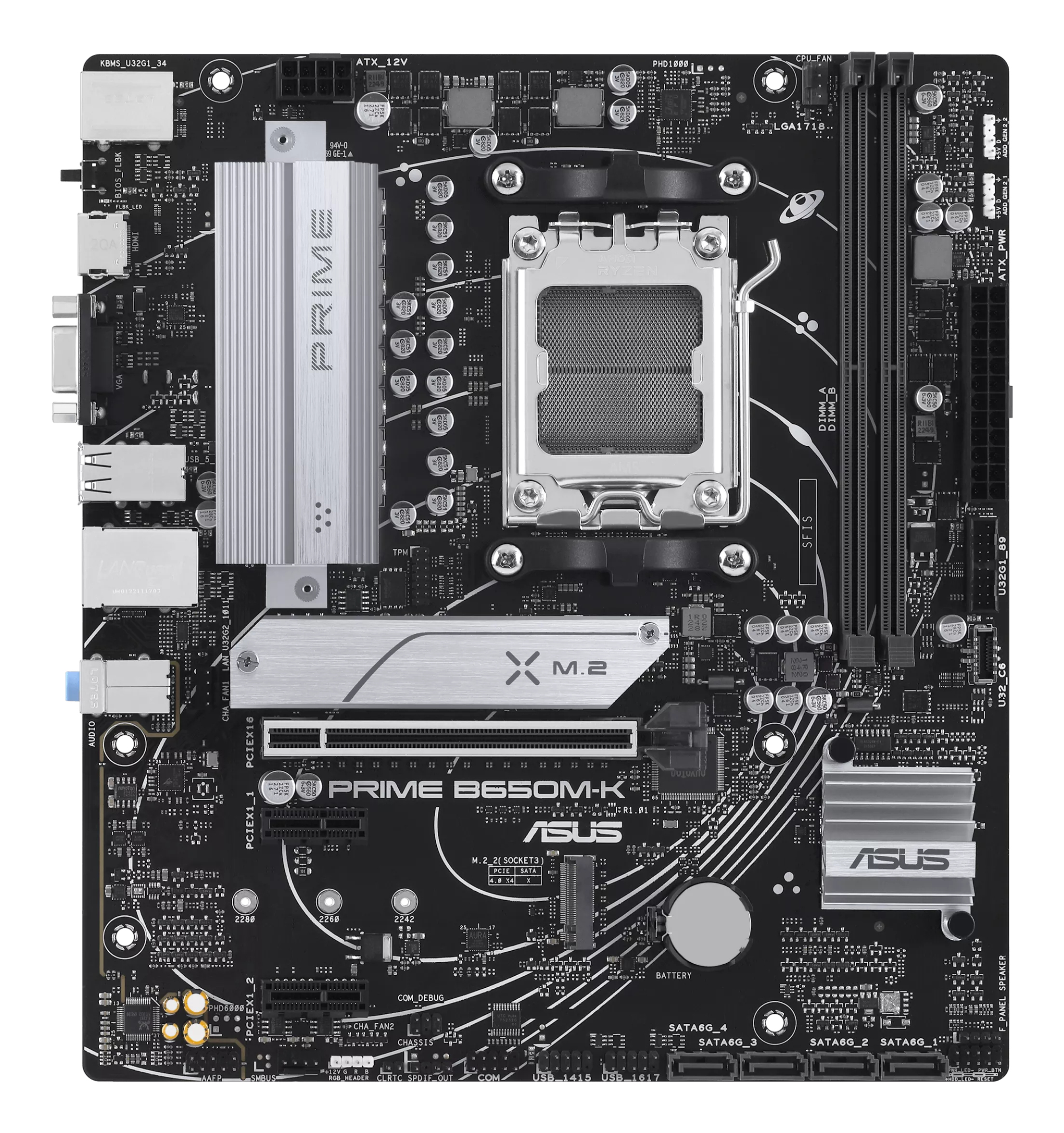 Ein schwarzes Motherboard mit silbernen Kühlkörpern, verschiedenen Anschlüssen und ASUS- und PRIME-Logos.