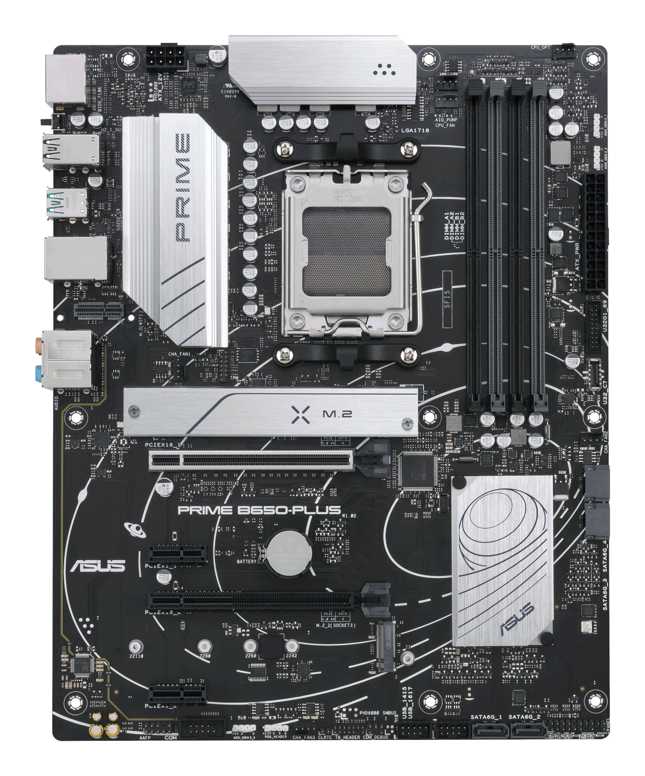 Zwart ASUS Prime B650-PLUS moederbord met zilveren componenten. Verschillende poorten en slots zijn zichtbaar.