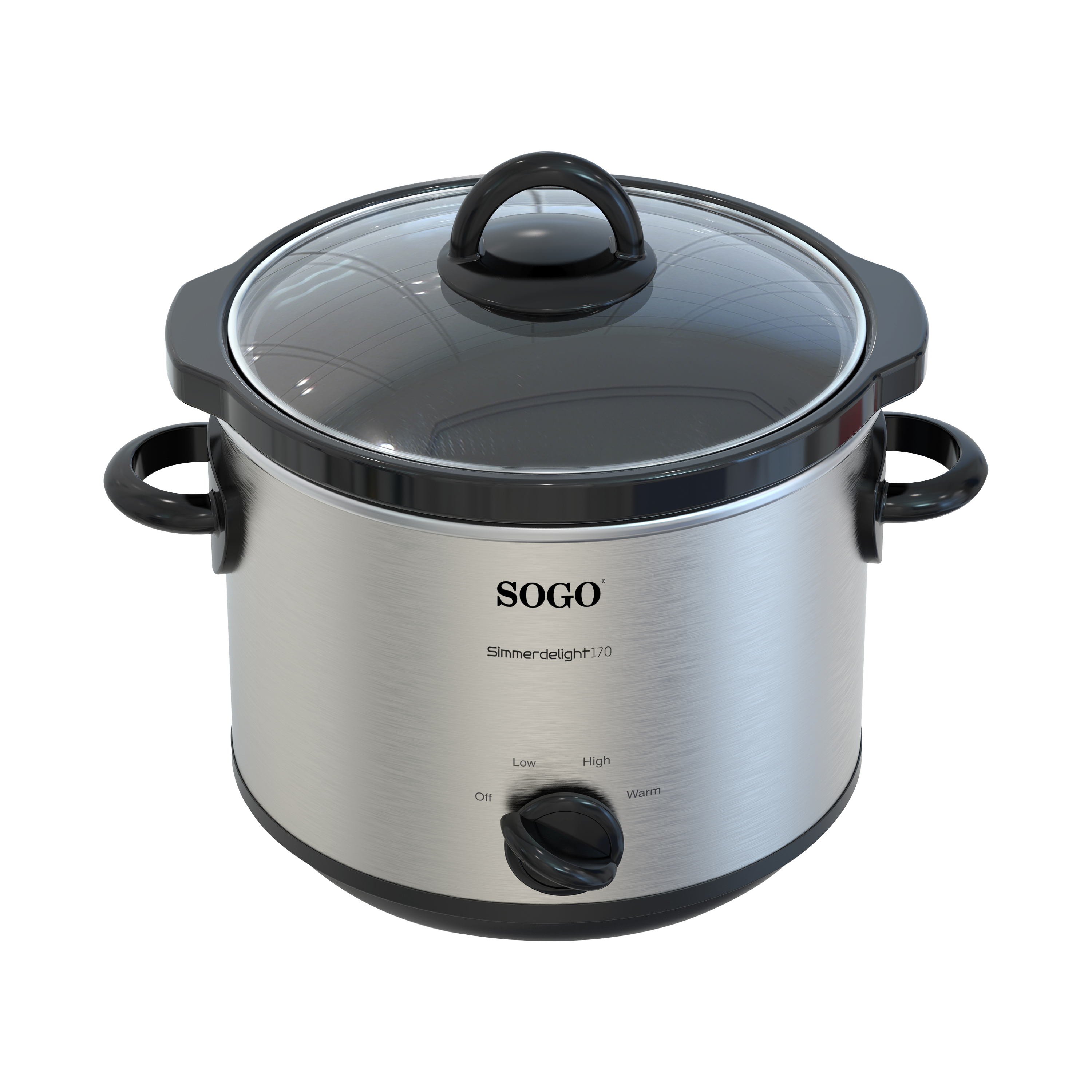 Una olla de cocción lenta de acero inoxidable con tapa de vidrio. Tiene asas negras y un dial de control. El fondo es negro.
