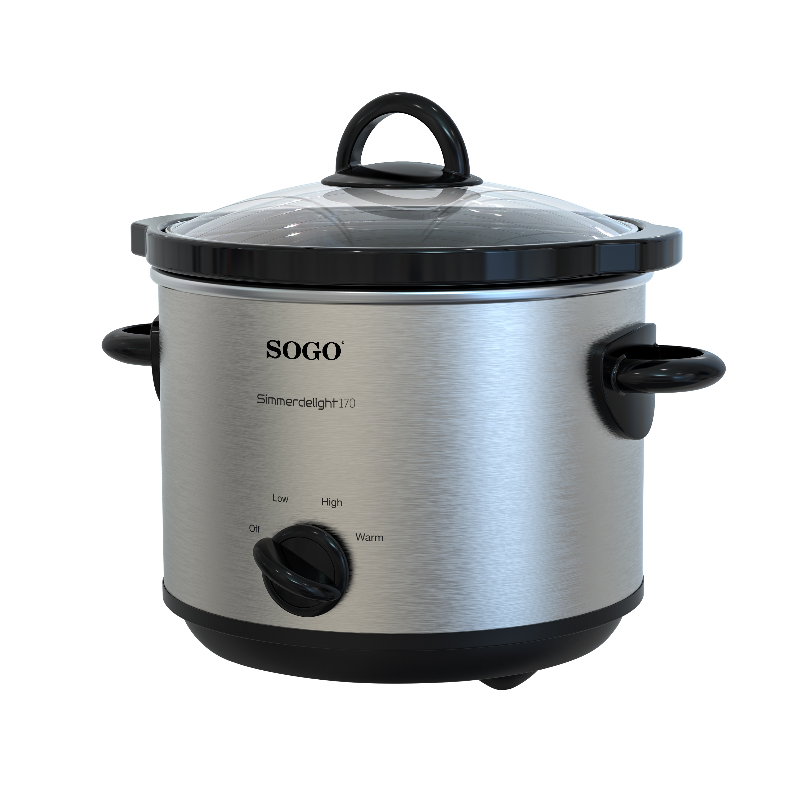 Una olla de cocción lenta SOGO Simmerdelight170 plateada con tapa de vidrio, asas y controles negros, sobre un fondo negro.