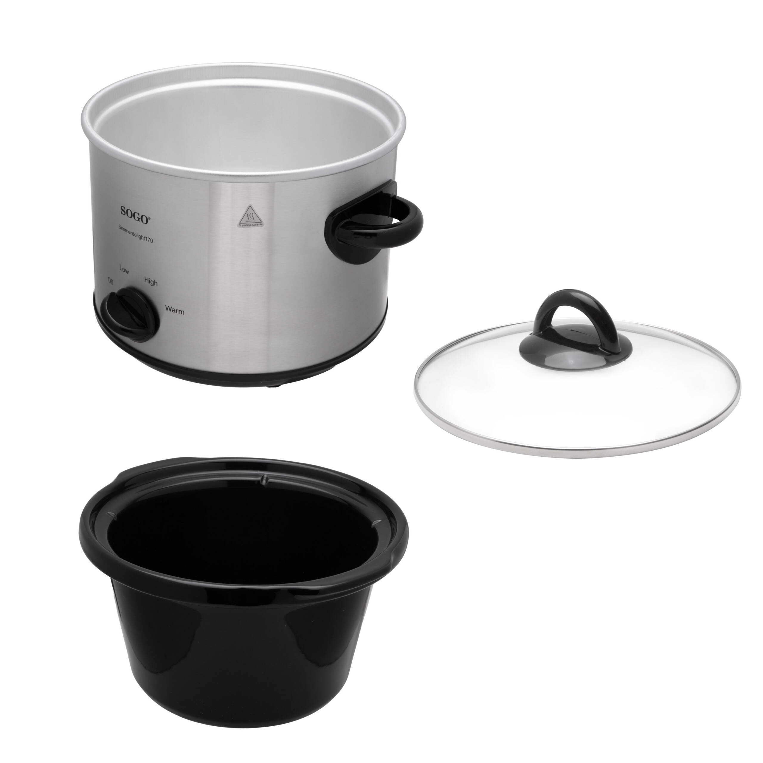 Una olla de cocción lenta con tapa de cristal y una olla interior negra. La olla es plateada y tiene un asa y un mando negros.