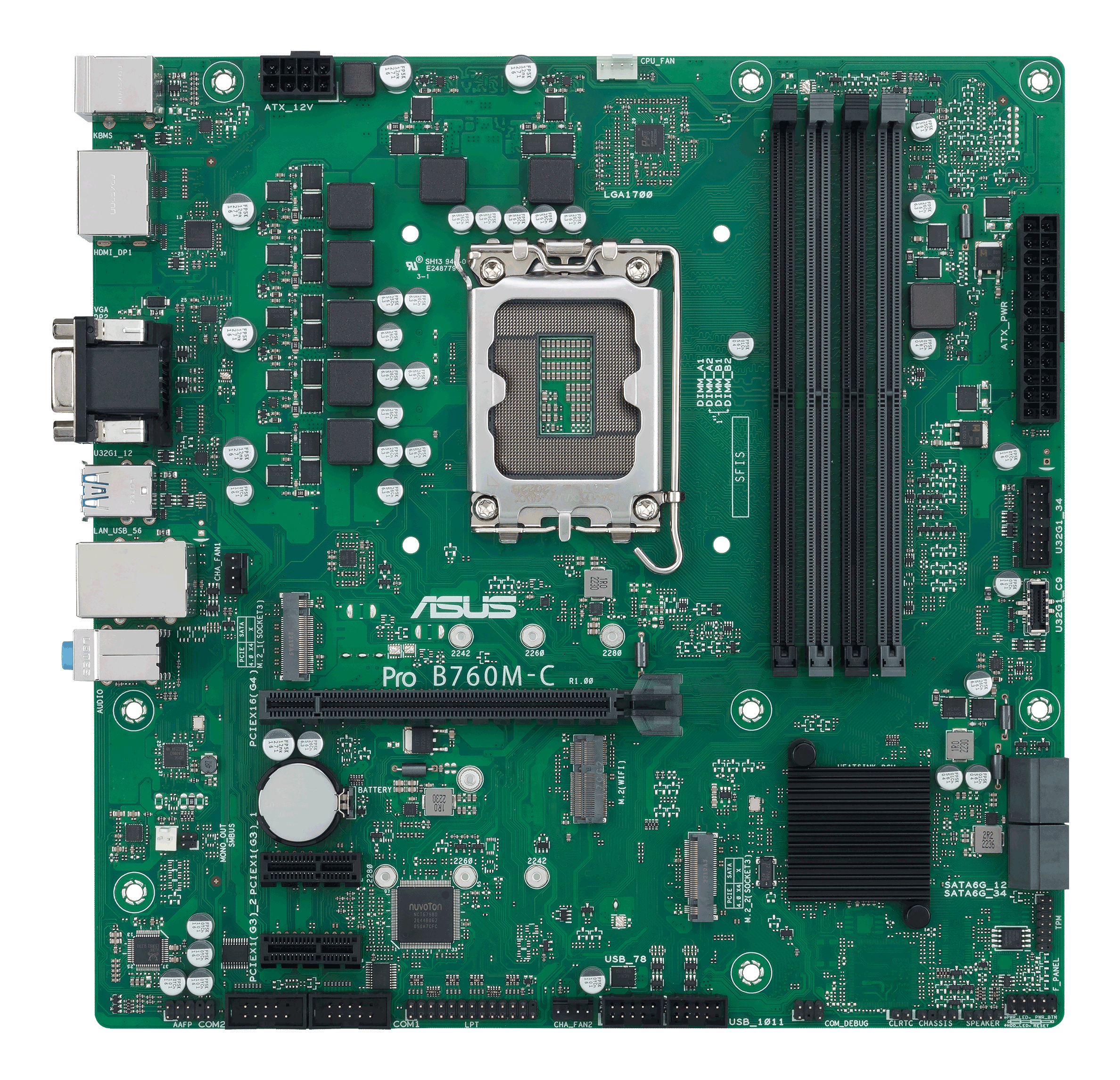 Grünes ASUS Pro B760M-C-Motherboard. Es hat verschiedene Anschlüsse, Steckplätze und Komponenten.