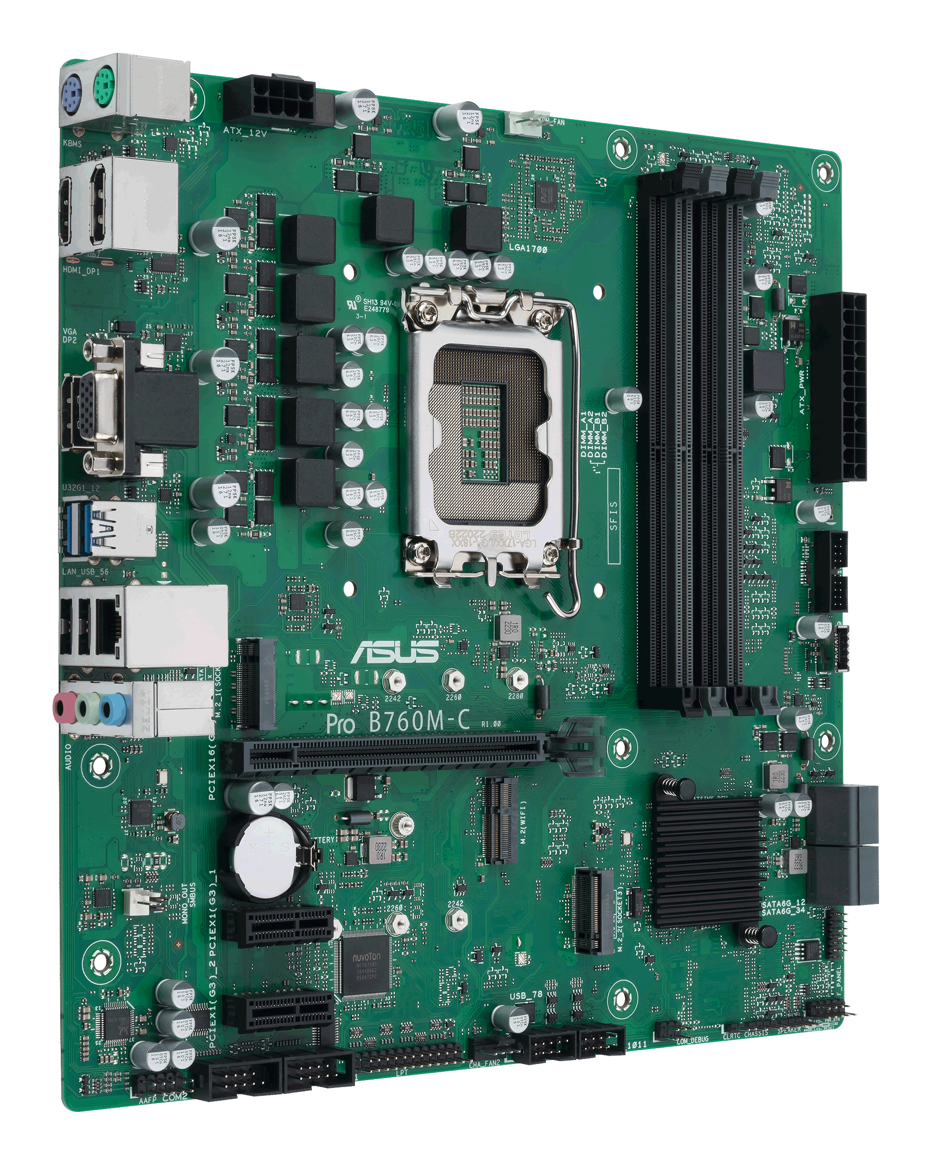 Eine grüne Hauptplatine mit elektronischen Bauteilen, Anschlüssen und dem ASUS Pro B760M-C Logo.
