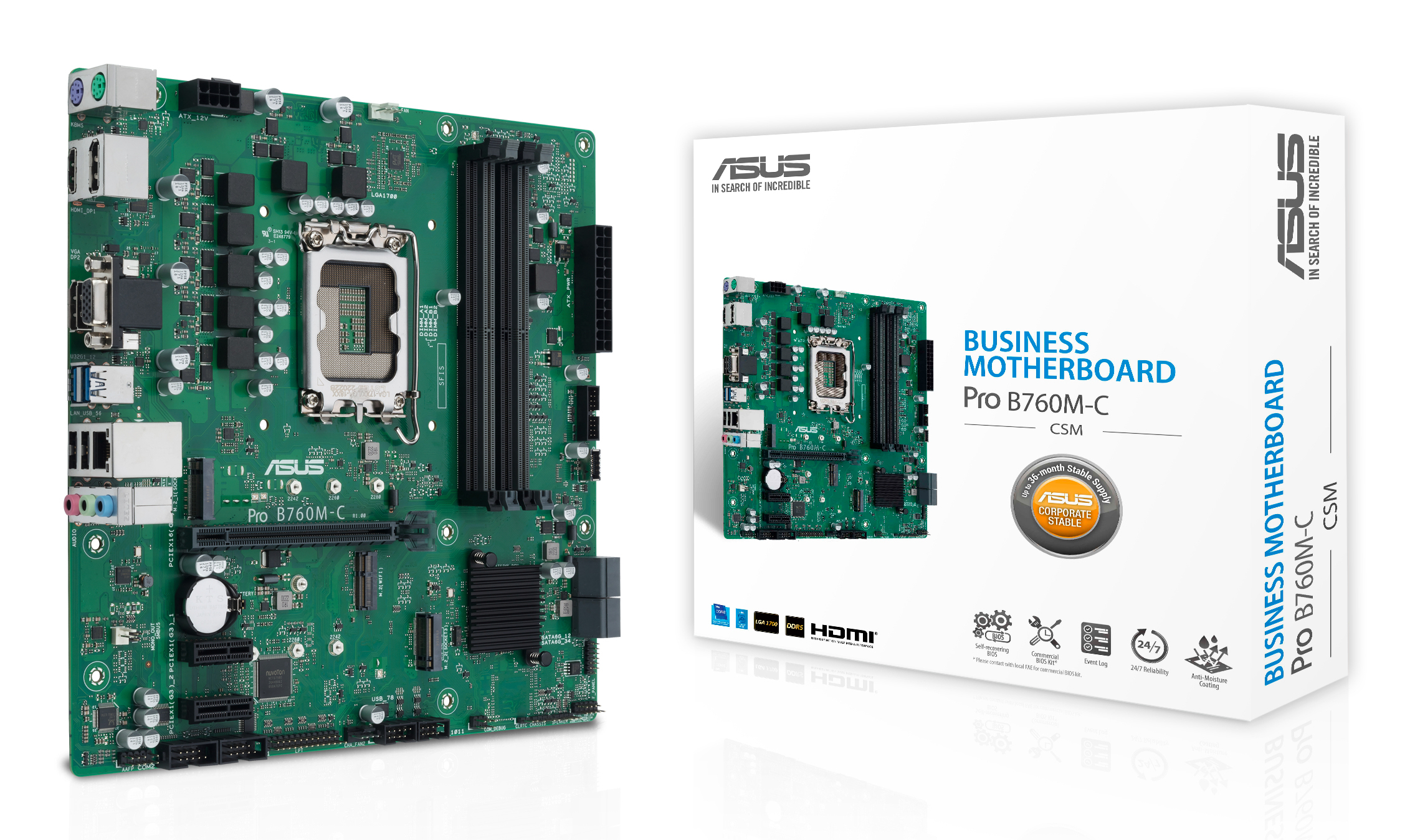 Grünes ASUS Pro B760M-C Motherboard mit weißer Box. Auf der Box steht 'Business Motherboard' und das ASUS-Logo.