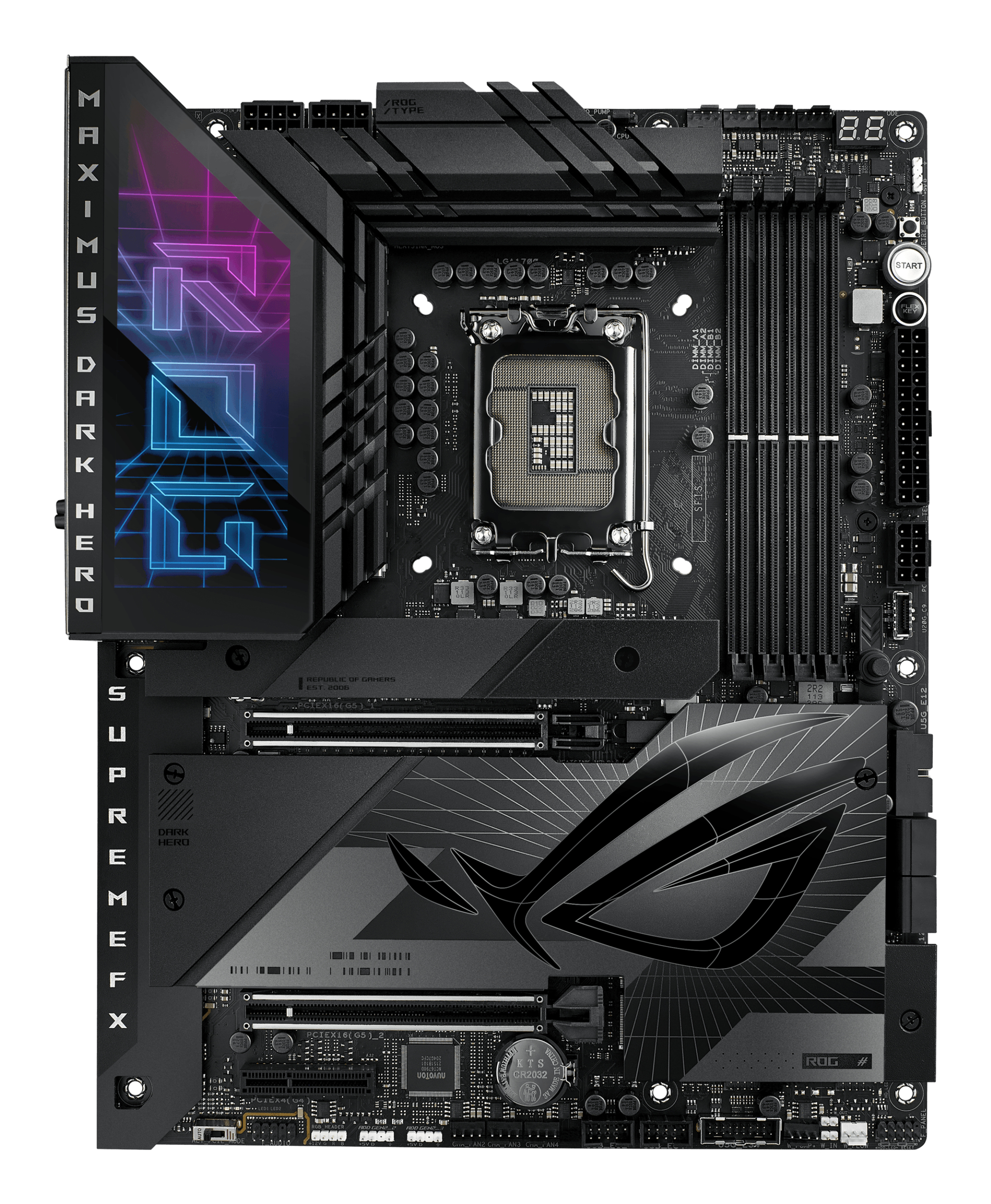 Una scheda madre nera con marchio ROG. Ha vari componenti e porte, con illuminazione al neon.