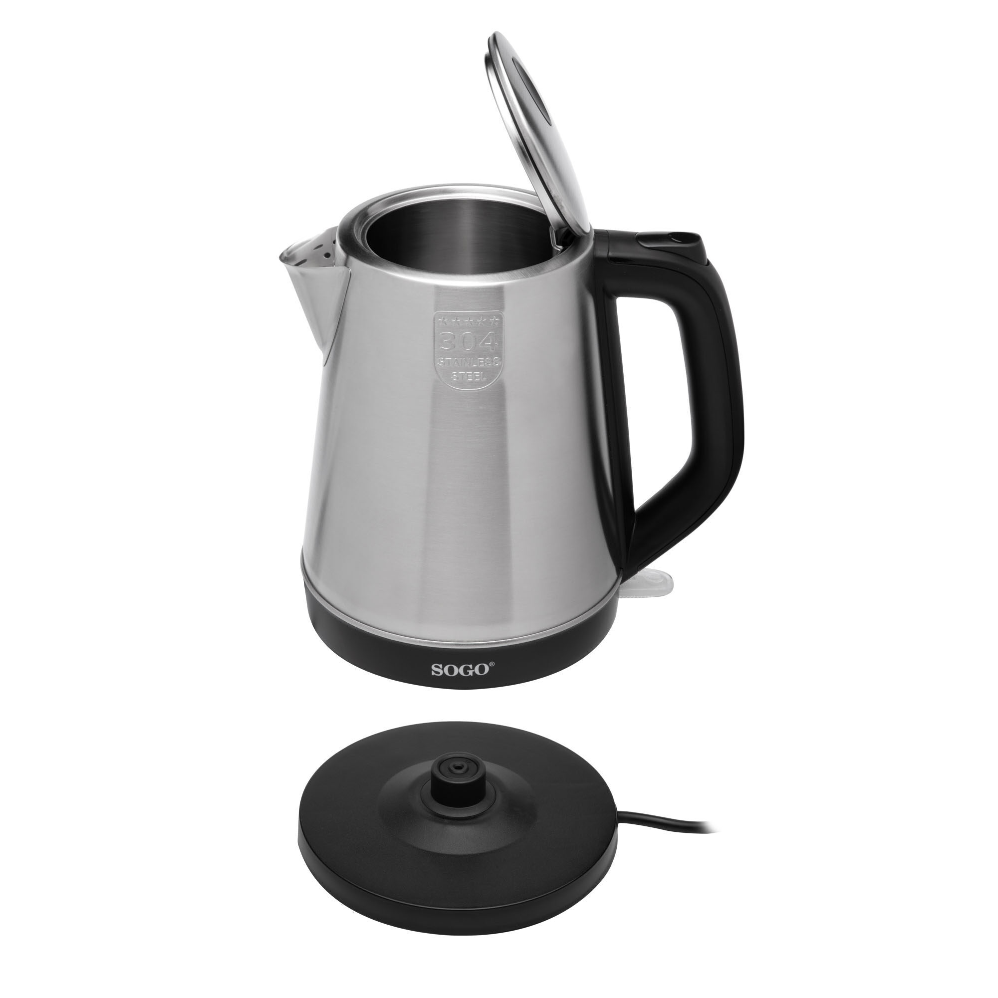 Ein elektrischer Wasserkocher aus Edelstahl mit schwarzem Griff und Boden, Deckel offen, steht über seinem schwarzen Sockel.