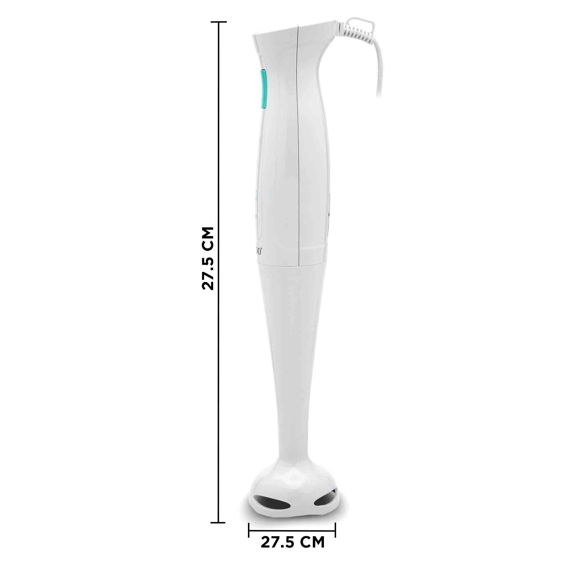 Un frullatore a immersione bianco con un pulsante verde acqua e un cavo di alimentazione. Le dimensioni sono indicate a 27,5 cm.