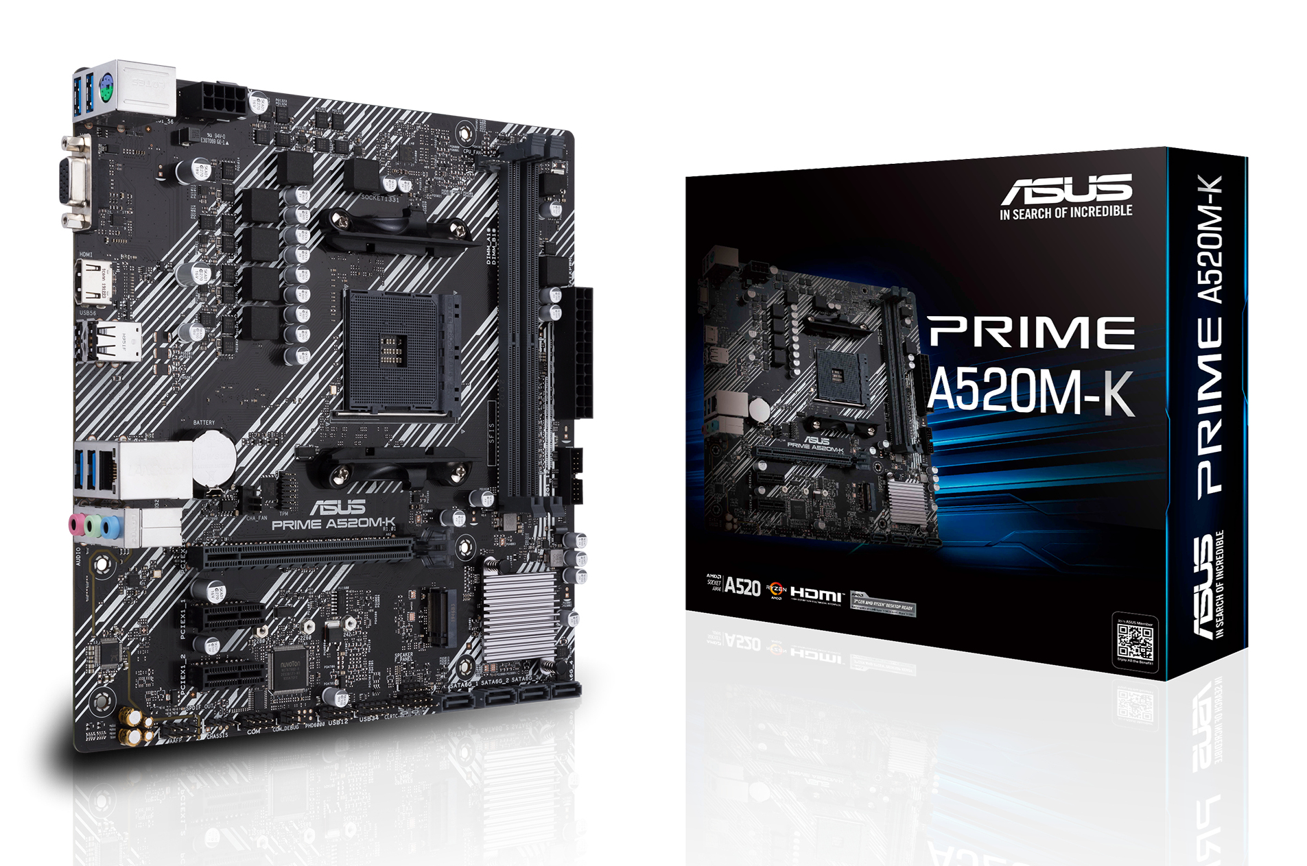 Une carte mère noire ASUS PRIME A520M-K et sa boîte sont sur une surface blanche. La boîte présente la carte mère.