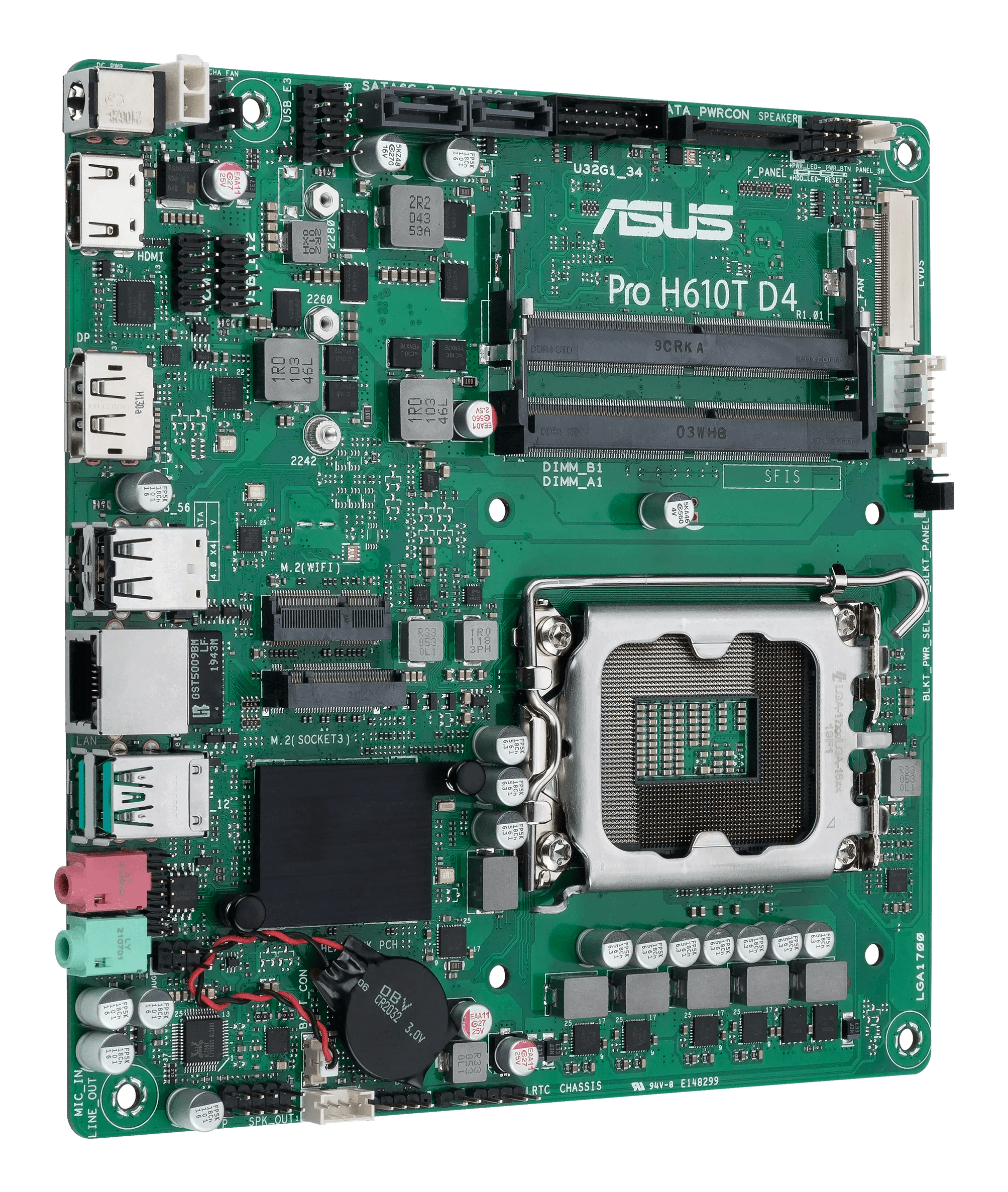 Een groen moederbord met diverse componenten. Bevat sleuven, poorten en het ASUS Pro H610T D4 logo.