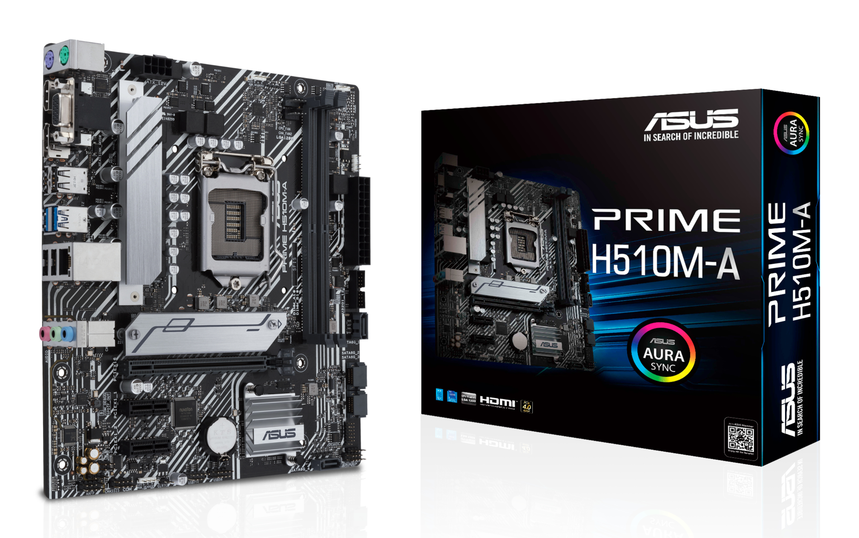 Una scheda madre ASUS Prime H510M-A accanto alla sua scatola. La scheda è nera con dettagli argentati. La scatola mostra l'immagine della scheda.
