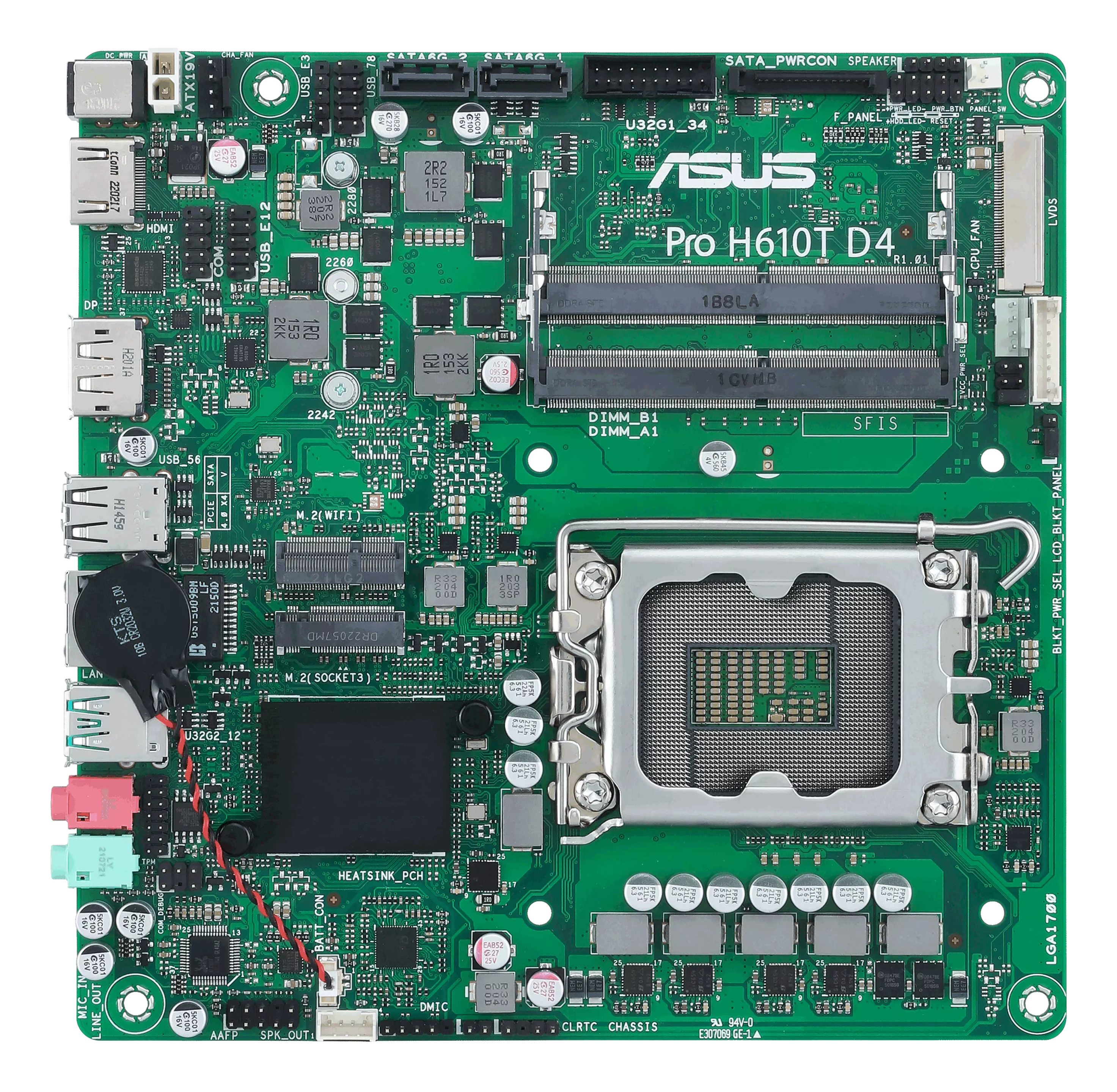 Groen circuitbord met diverse componenten, waaronder slots, chips en connectoren. ASUS Pro H610T D4 model.