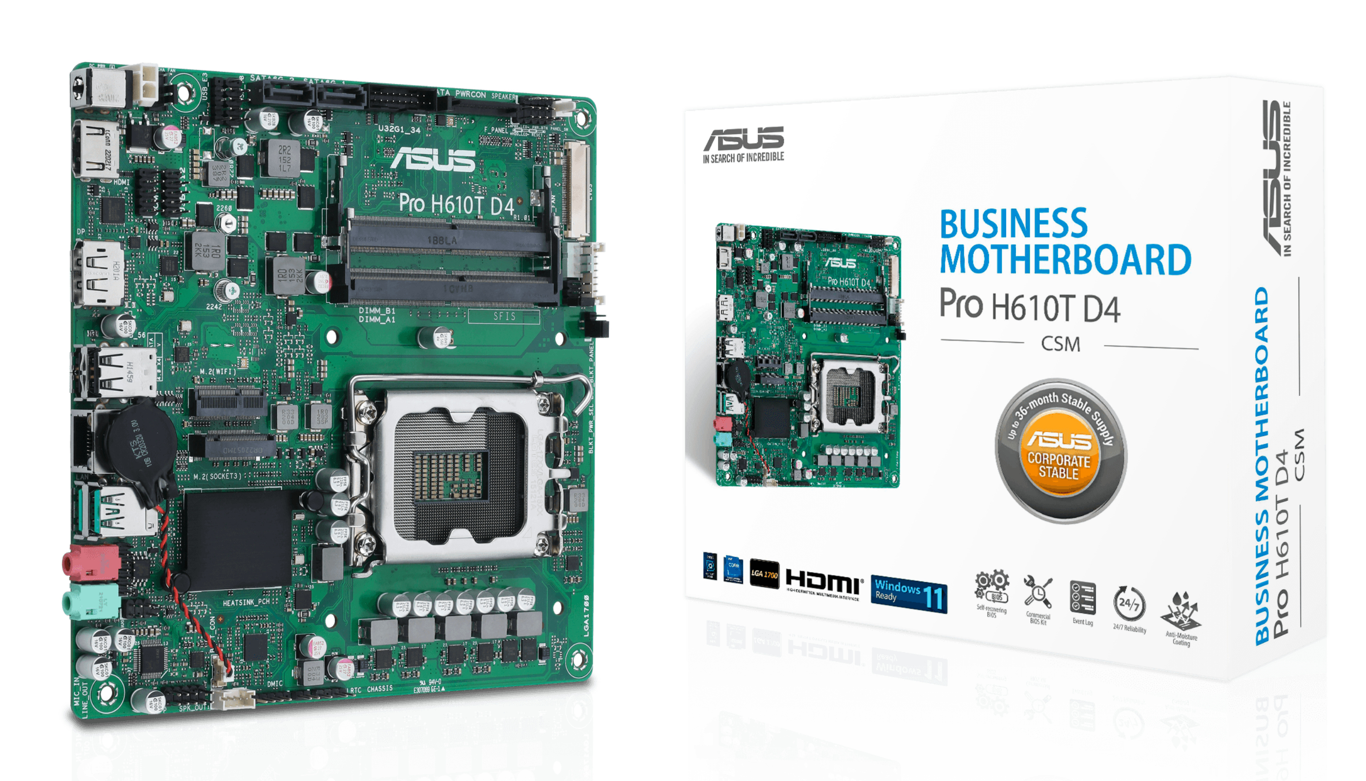 Afbeelding toont een groen ASUS Pro H610T D4 moederbord en de doos. Op de doos staat 'Business Motherboard'.