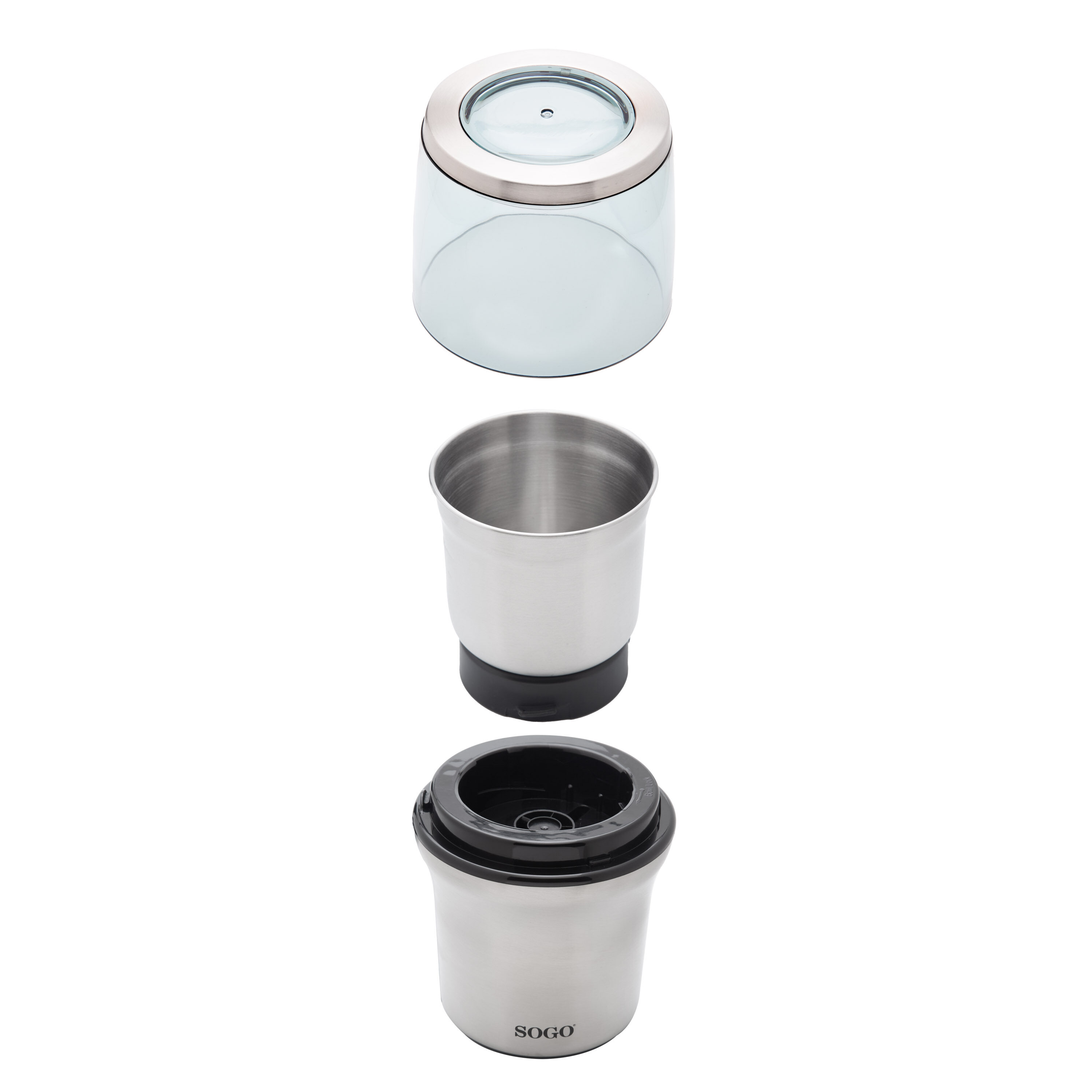 Una licuadora desmontada con tres partes: un tarro de vidrio transparente, una taza de acero inoxidable y una base con el logotipo de SOGO.