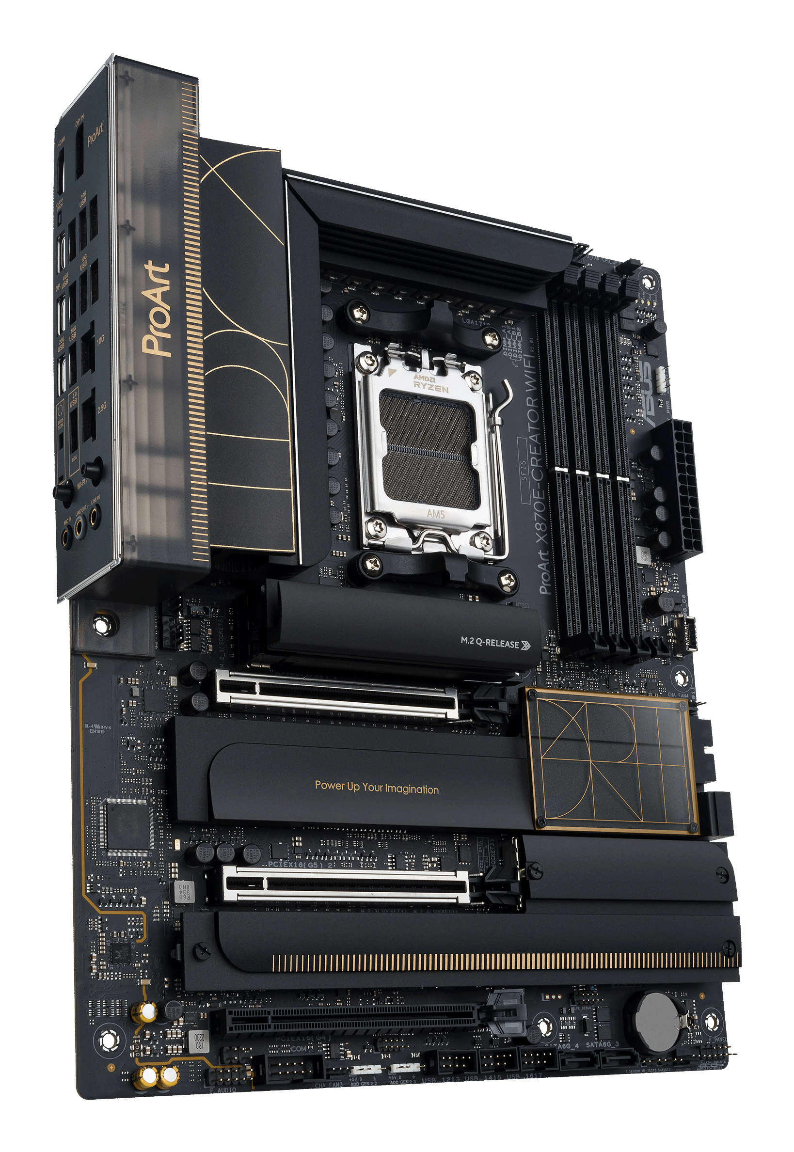 Czarna i złota płyta główna komputera. Posiada logo ProArt i różne porty oraz gniazda.