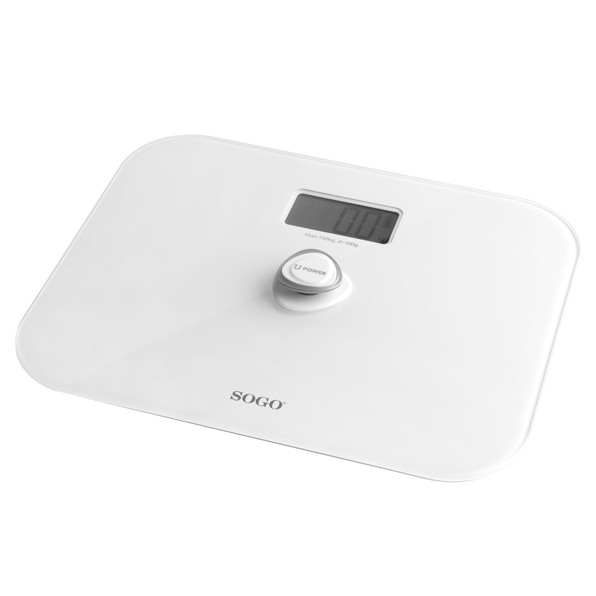 Una báscula de baño digital blanca. Tiene una pantalla digital que muestra '0.0'. La marca 'SOGO' es visible.