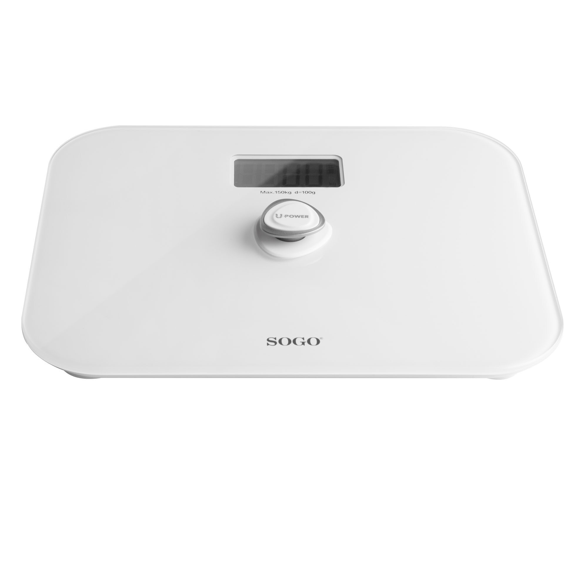Una báscula de baño digital SOGO blanca con pantalla digital y botón de encendido. La superficie es blanca.