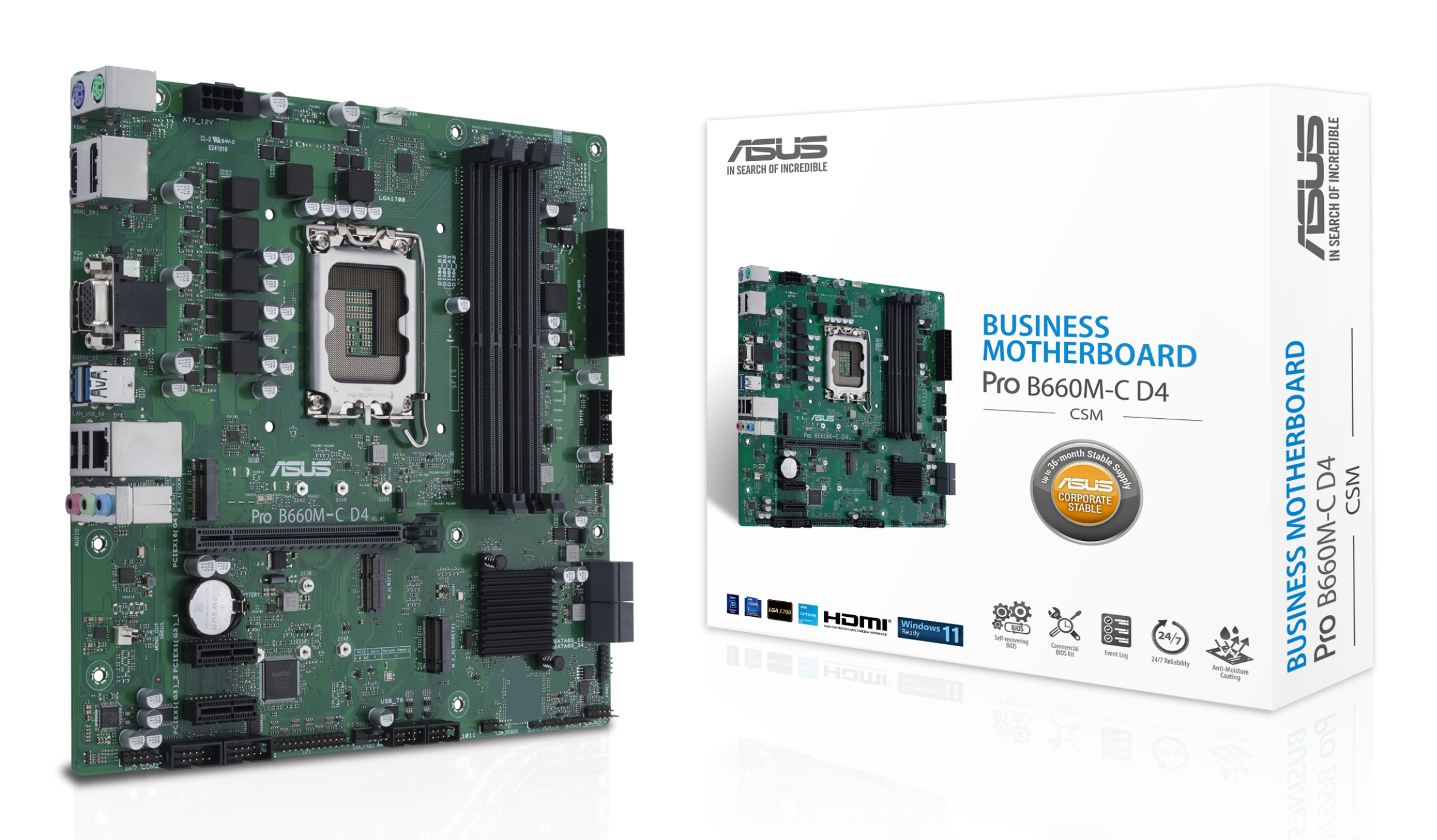 Scheda madre verde per computer e la sua scatola, entrambe con l'etichetta 'Pro B660M-C D4' di ASUS, con vari connettori e componenti.