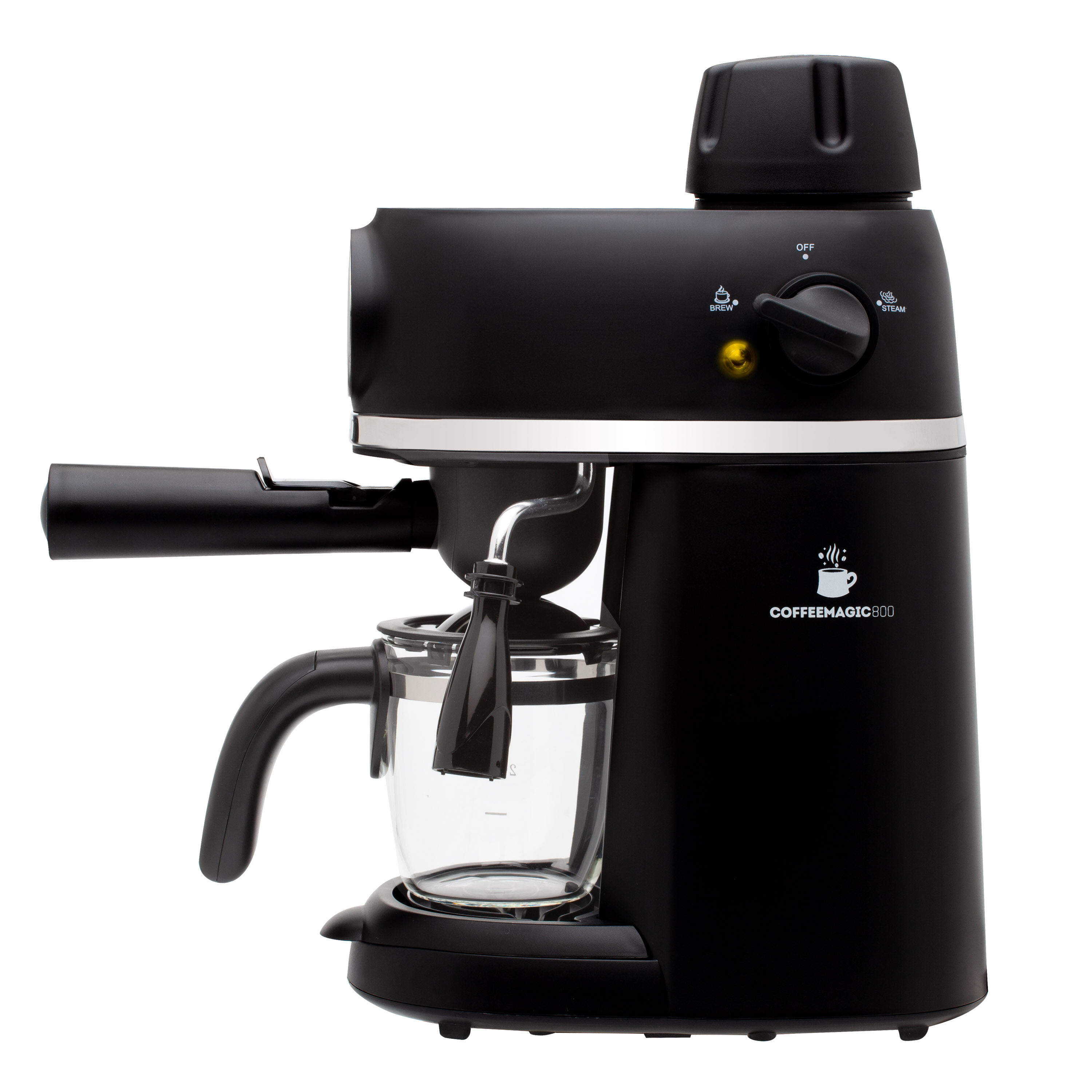 Una cafetera negra con una jarra de vidrio. Tiene una boquilla de vapor, un dial y el logotipo CoffeeMagic800.