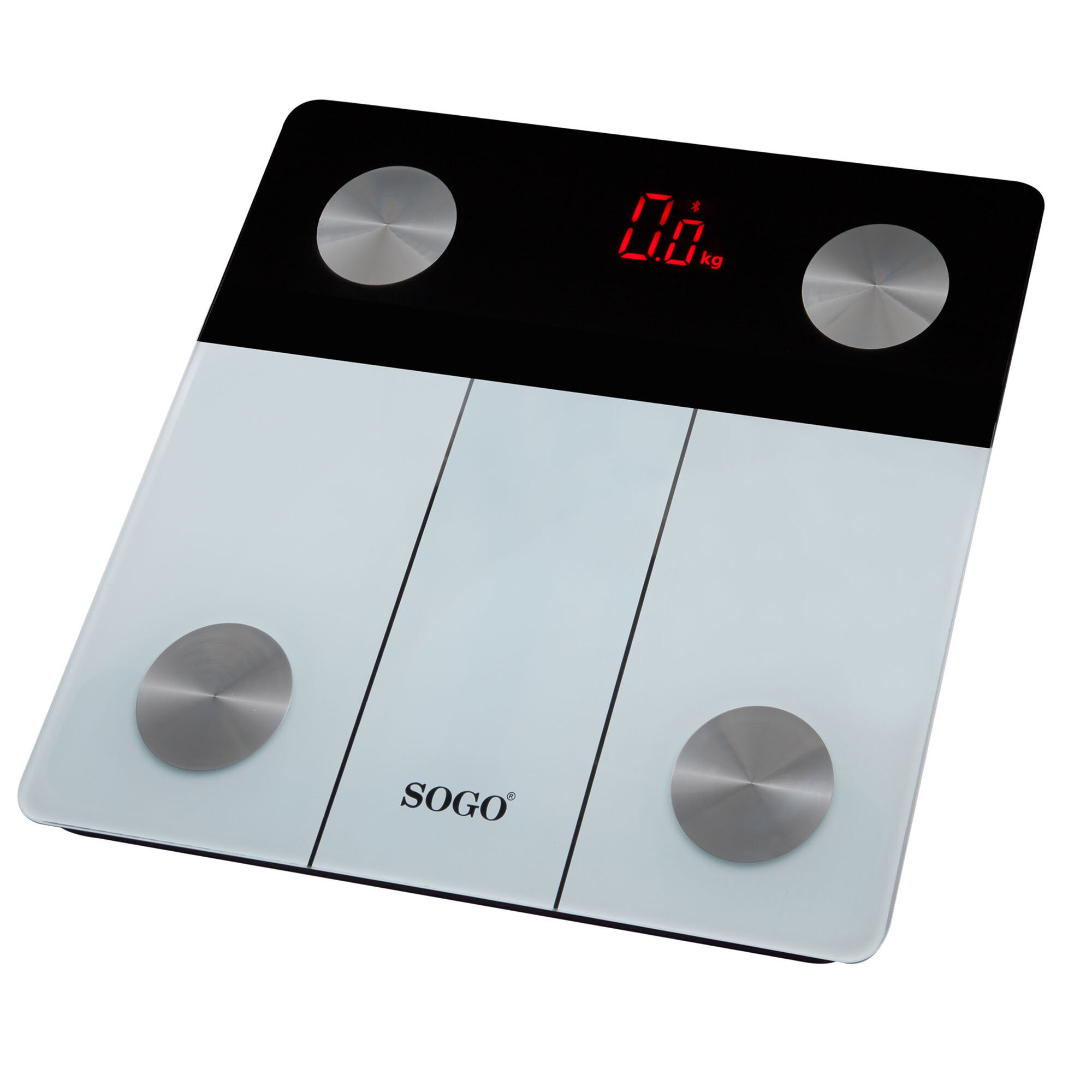Biało-czarna waga łazienkowa SOGO z cyfrowym wyświetlaczem 0,0 kg. Posiada trzy srebrne, okrągłe podkładki.