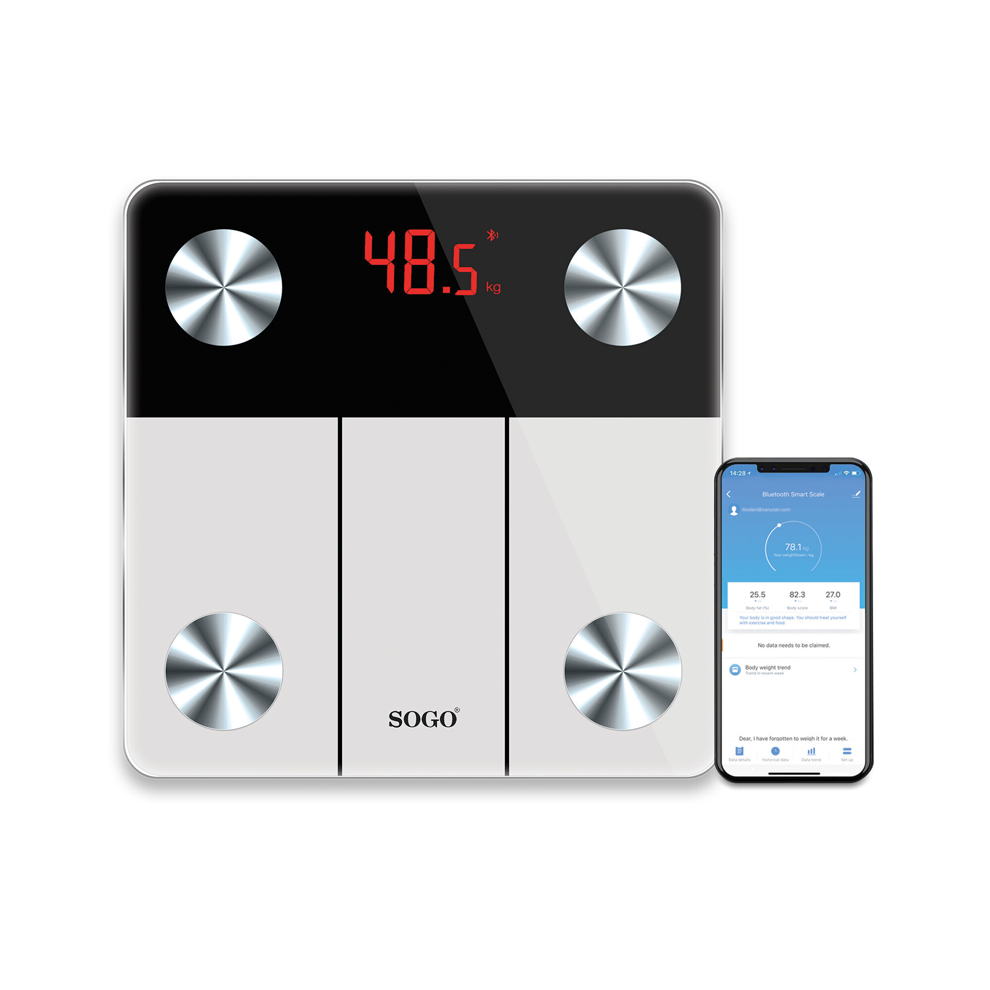 Inteligentna waga pokazuje 48,5 kg. Telefon wyświetla dane o wadze. Waga jest czarno-biała ze srebrnymi akcentami.