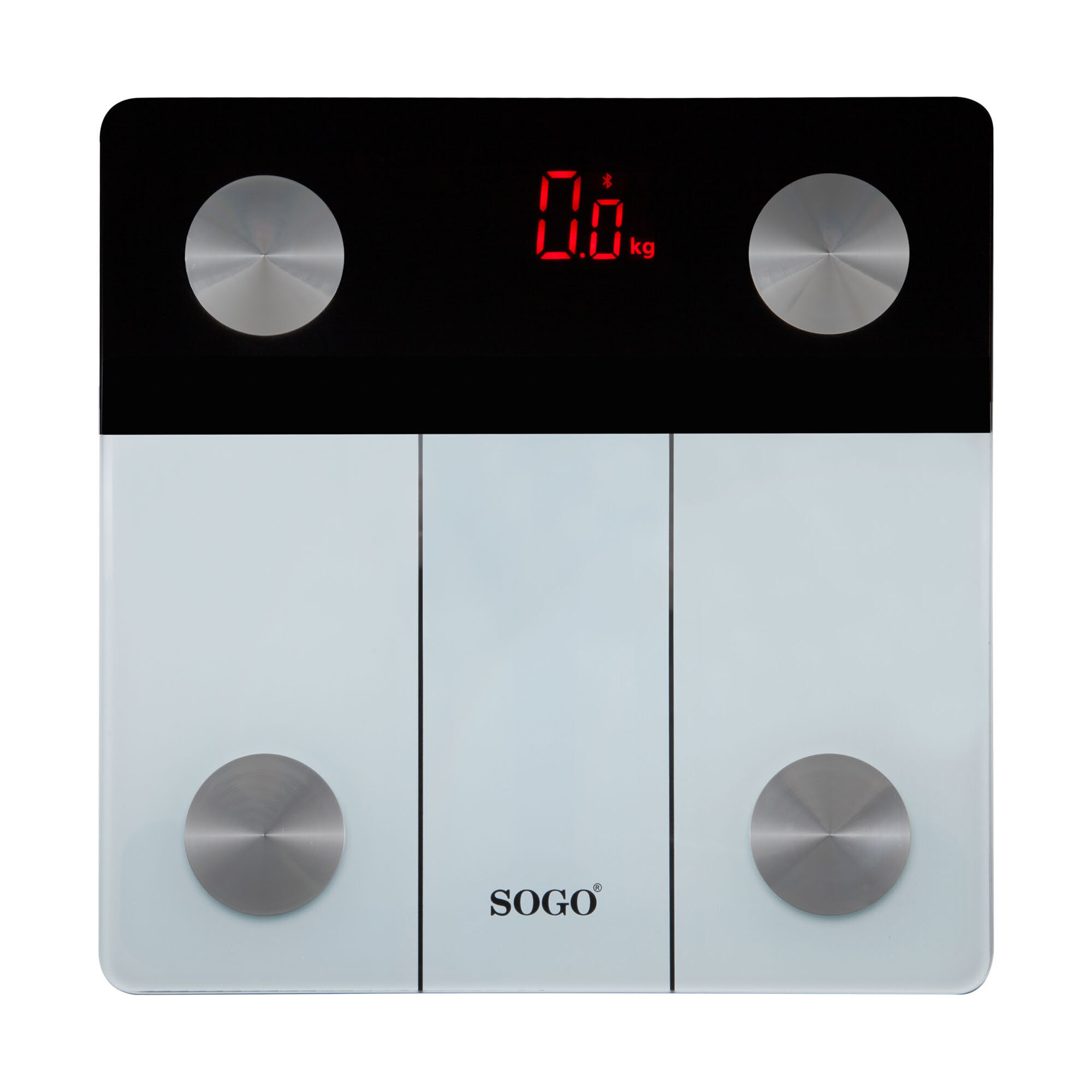 Biało-czarna cyfrowa waga łazienkowa z czerwonym wyświetlaczem pokazującym 0,0 kg. Posiada trzy srebrne koła i markę SOGO.