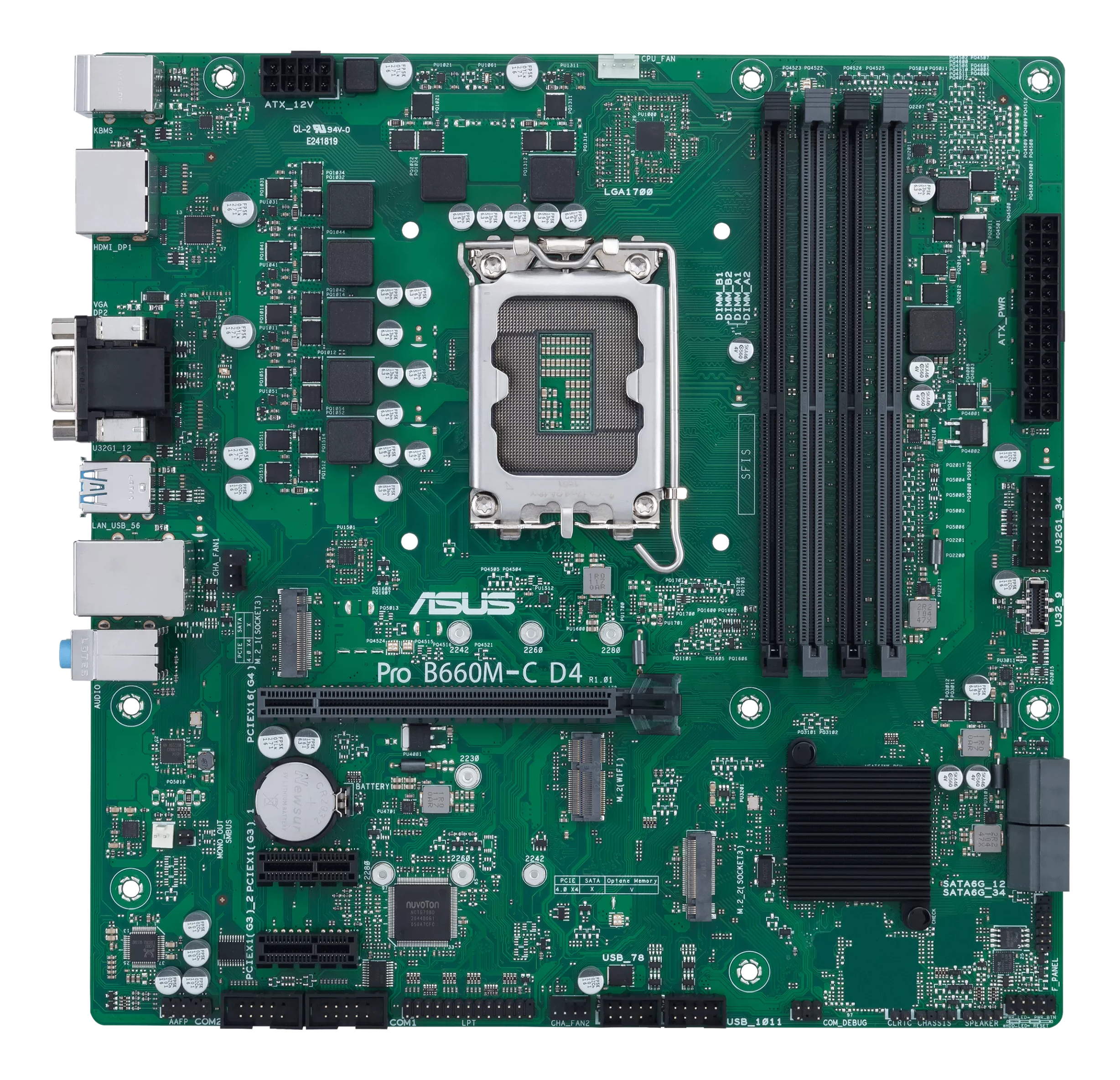 Una scheda madre verde per computer con vari componenti come slot, porte e un socket CPU.