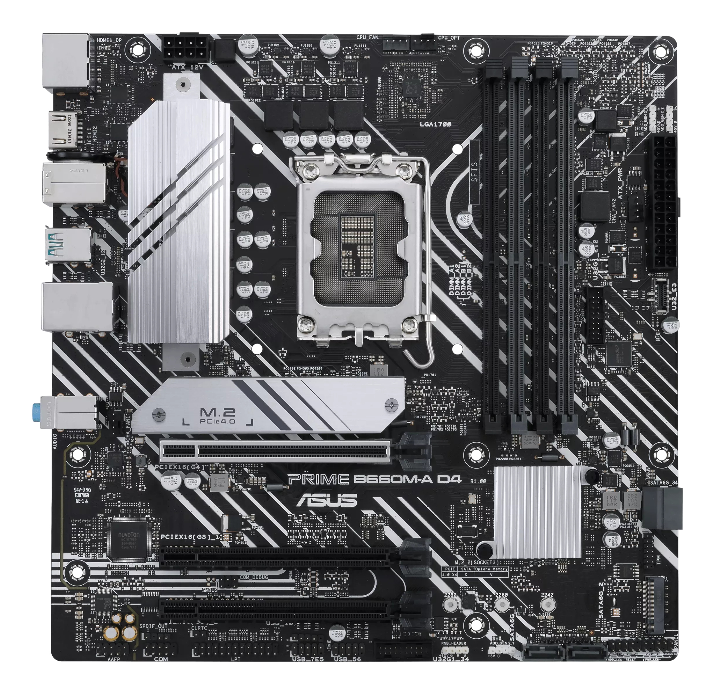 Black and silver motherboard with components, ports, and slots. ASUS Prime B660M-A D4 model.
