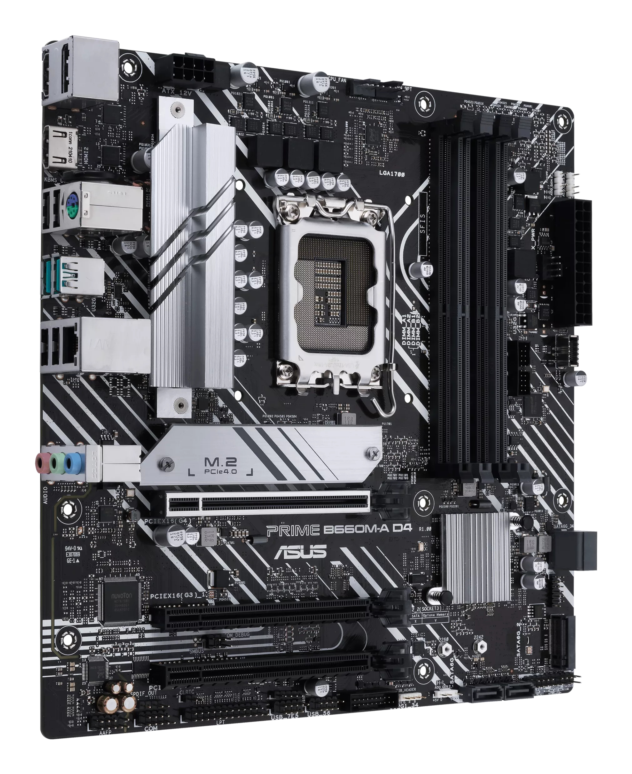 Black motherboard with silver heatsinks, slots, and ports. The ASUS logo is visible.