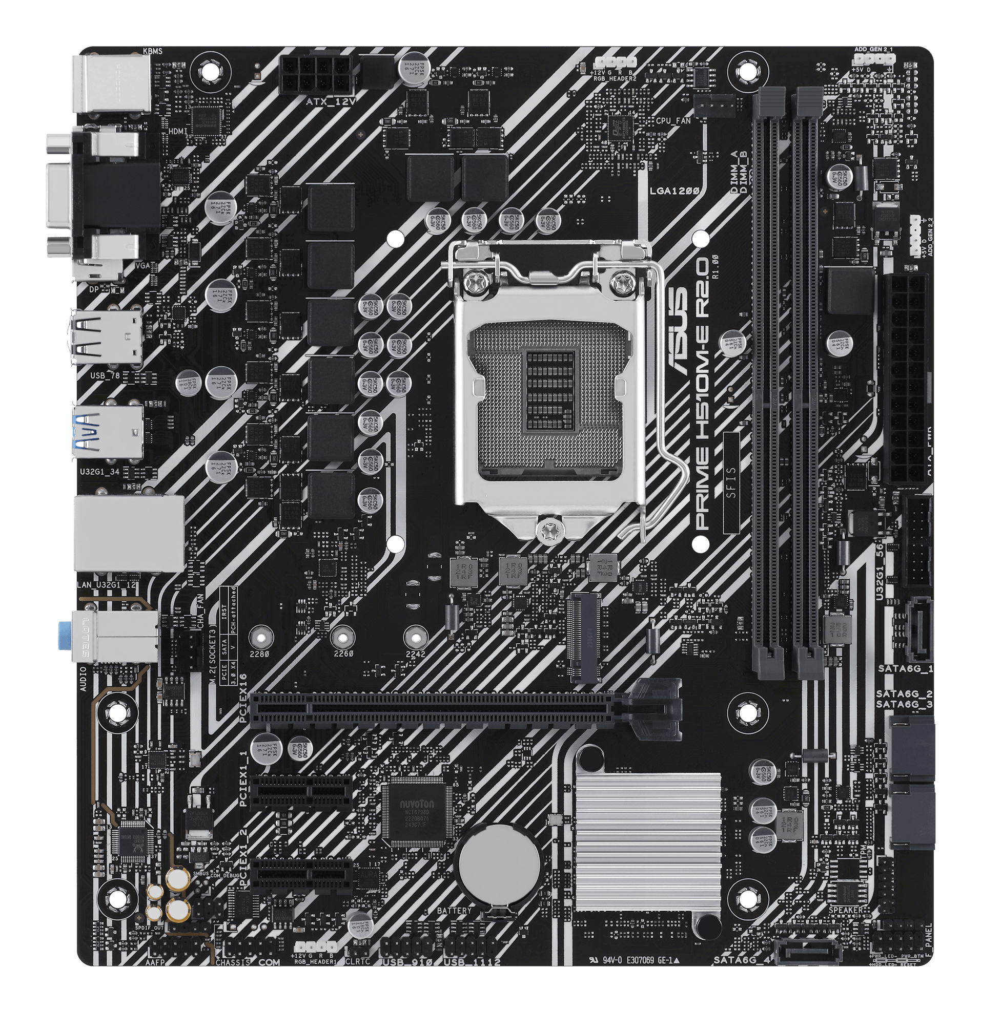 Scheda madre di computer nera con vari componenti, porte e slot, incluso socket CPU e slot RAM.