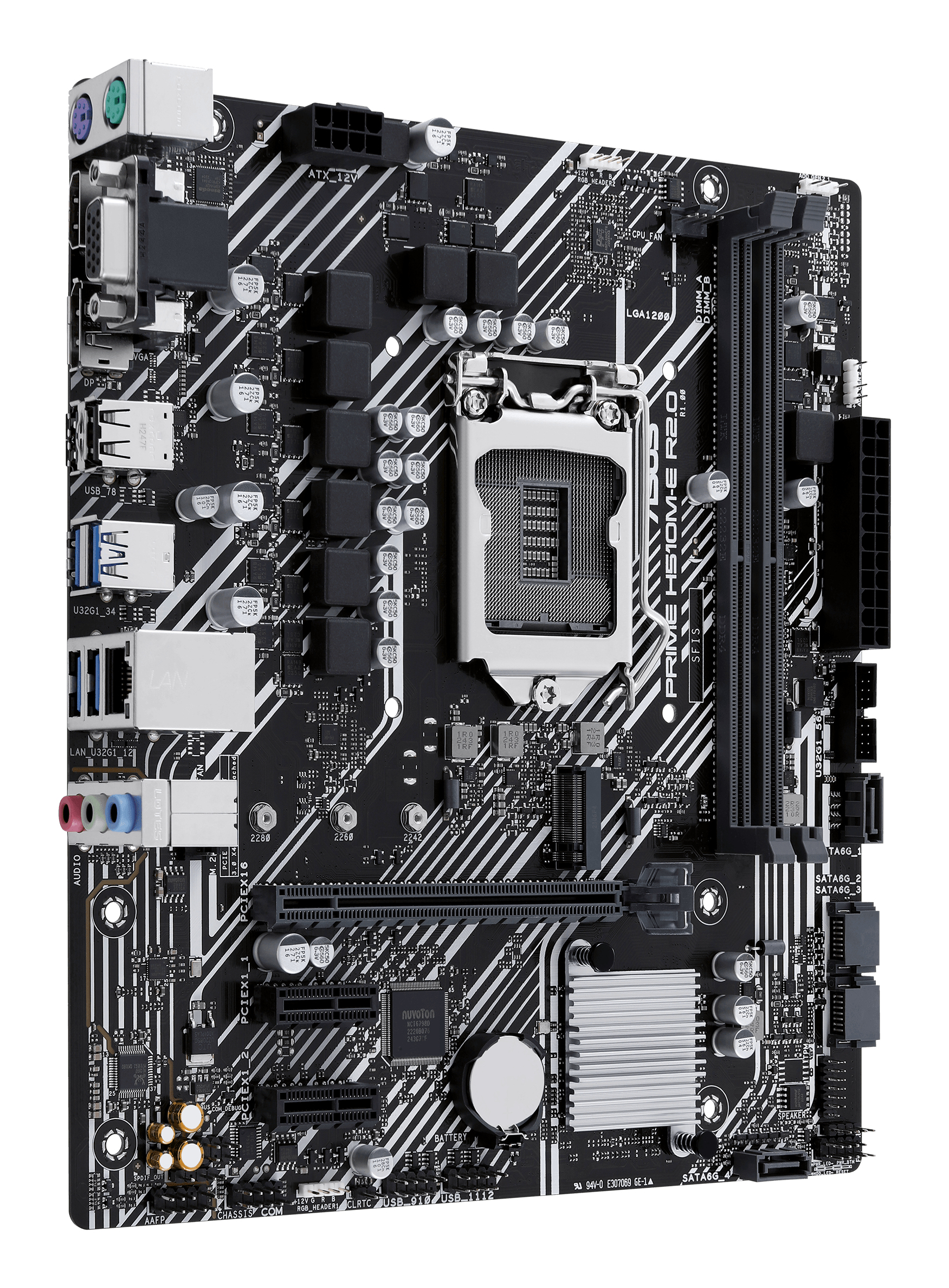Scheda madre nera con strisce bianche, varie porte e componenti. Socket CPU al centro, più slot.