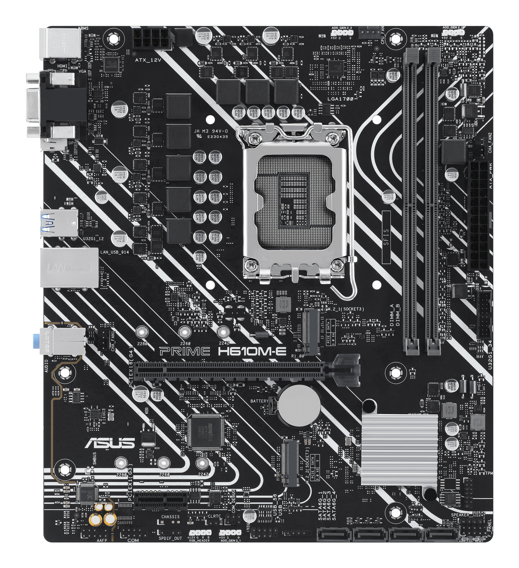 Zwart computer moederbord met diverse componenten, waaronder een CPU-socket, RAM-slots en poorten.