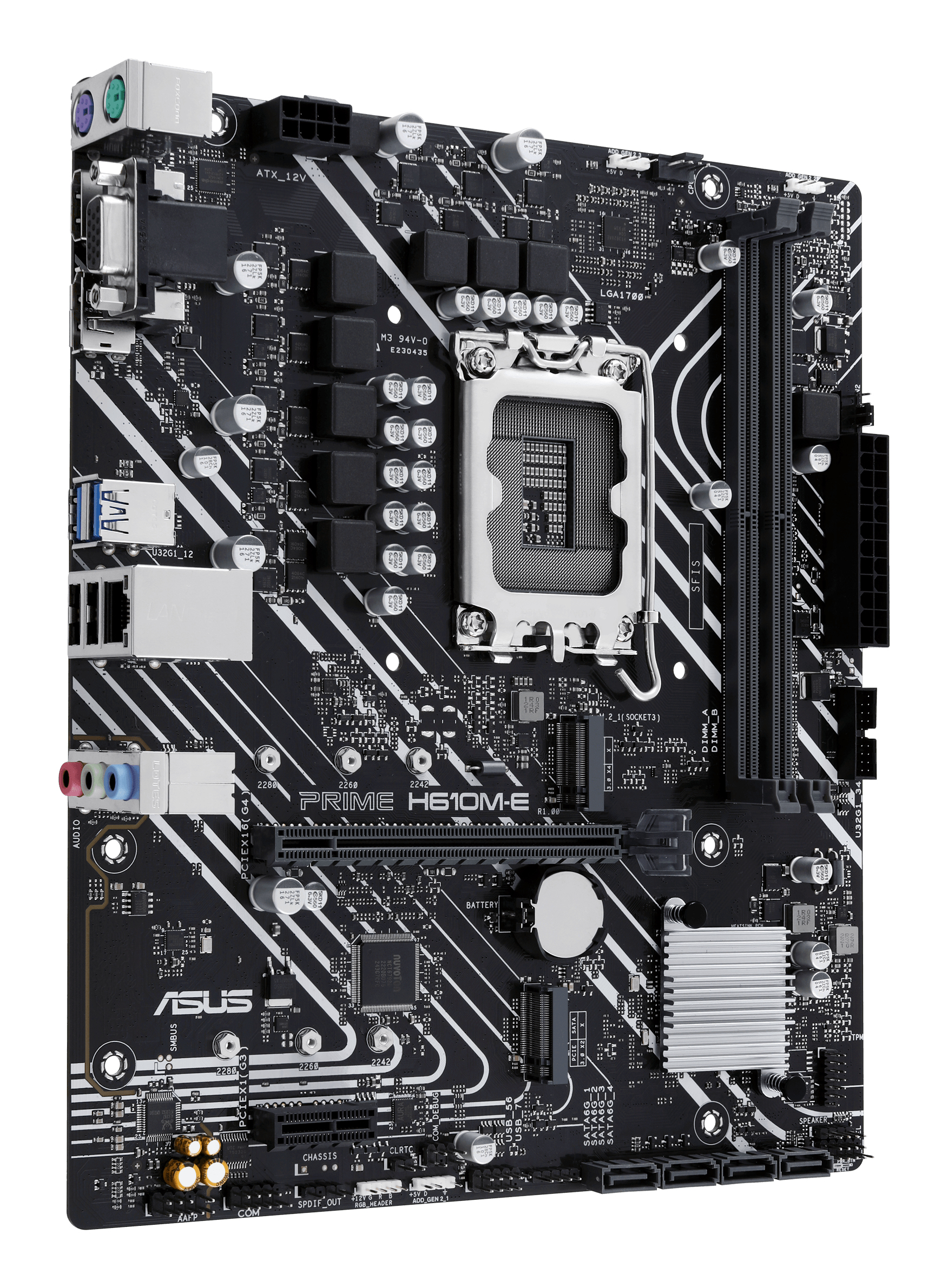 Zwart ASUS PRIME H610M-E moederbord. Kenmerken: CPU-socket, slots, poorten en diverse elektronische componenten.