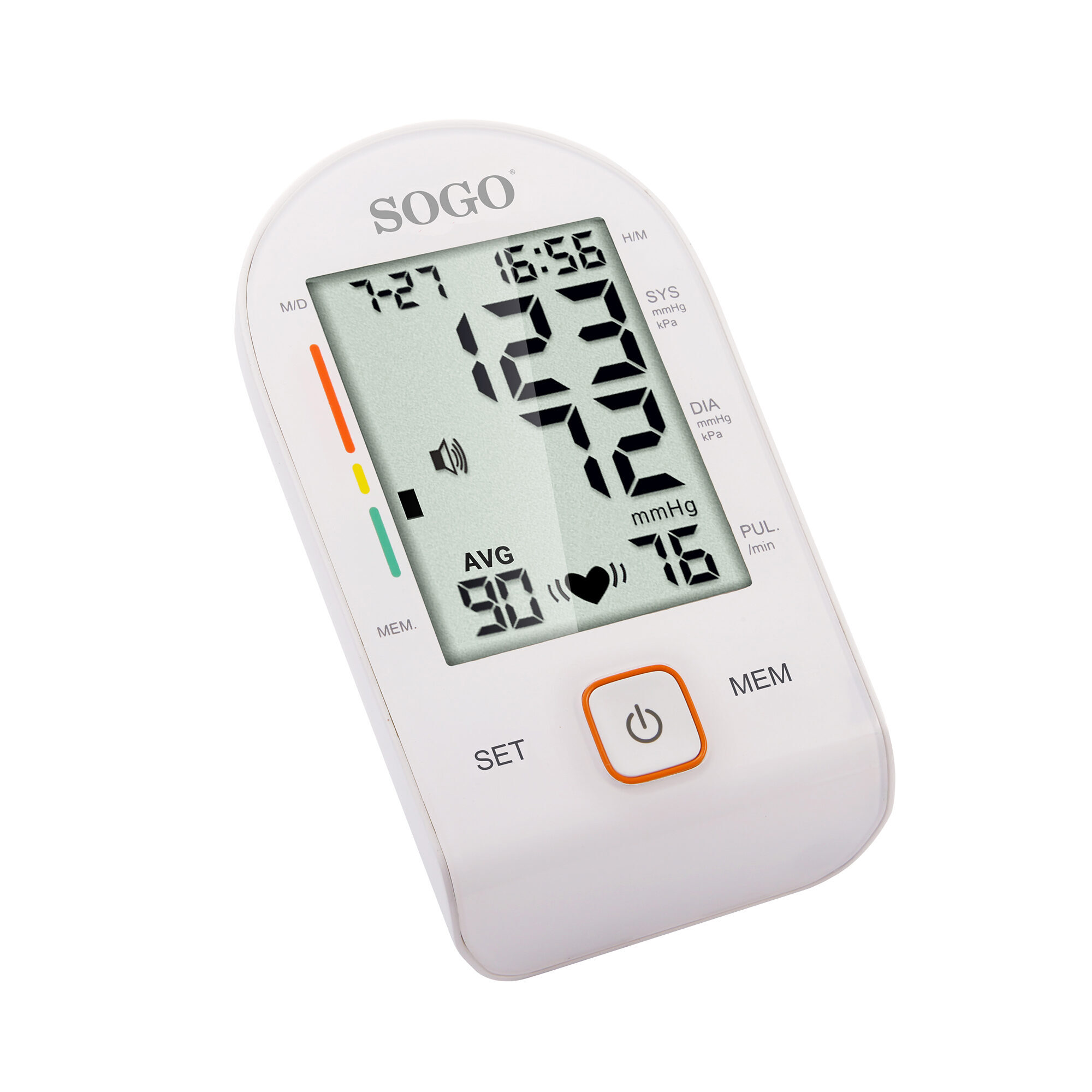 Monitor de presión arterial SOGO blanco. Muestra la hora, las lecturas de la presión arterial y el pulso. Tiene botón de encendido/apagado.