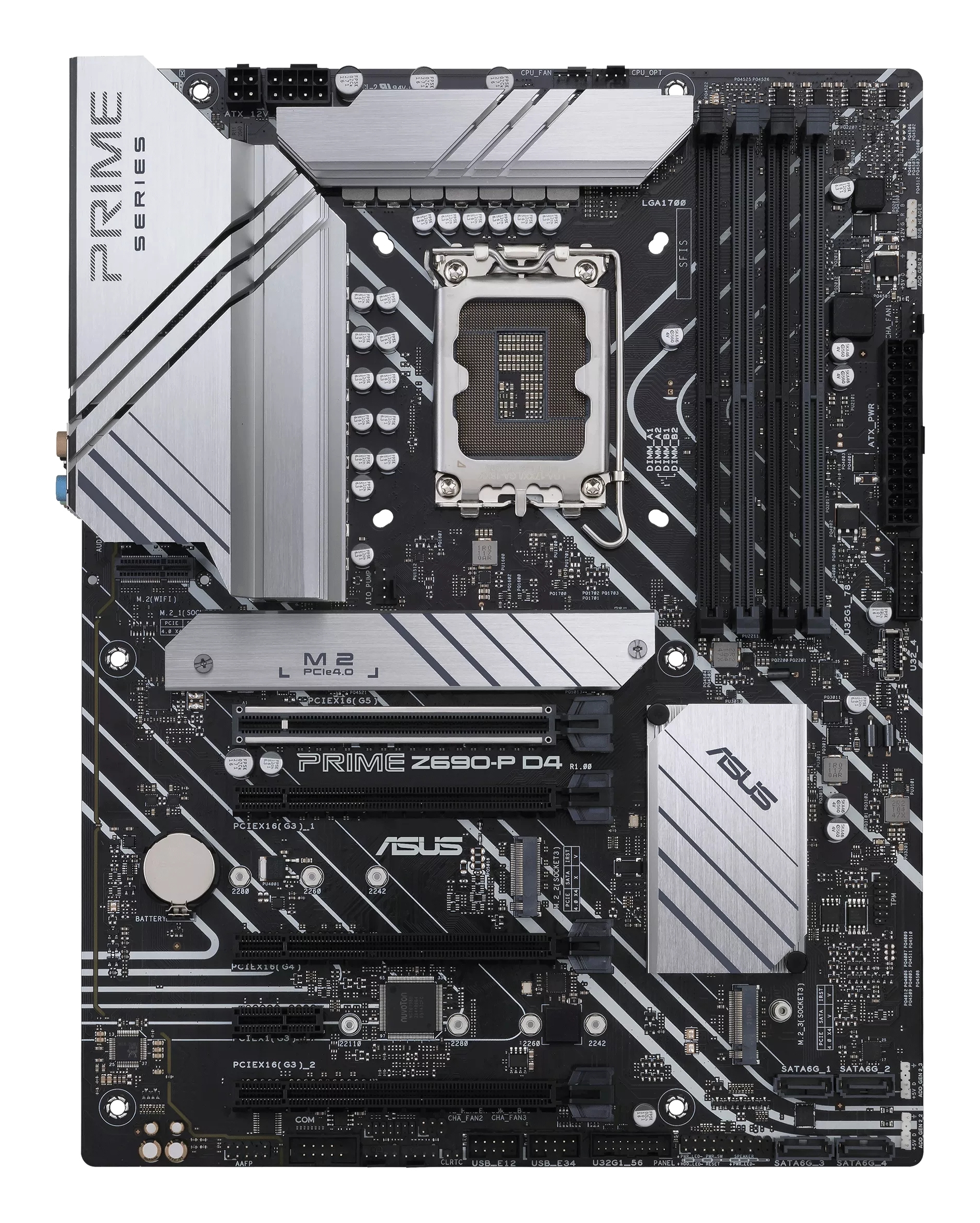 Scheda madre per PC nera con dettagli argentati. Ha slot per CPU, RAM e altri componenti. Il logo ASUS è visibile.