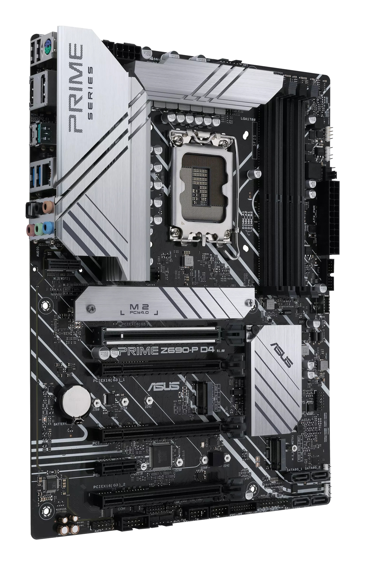 Scheda madre ASUS Prime Z690-P D4 nera e argento. Include socket CPU, slot RAM e vari connettori.
